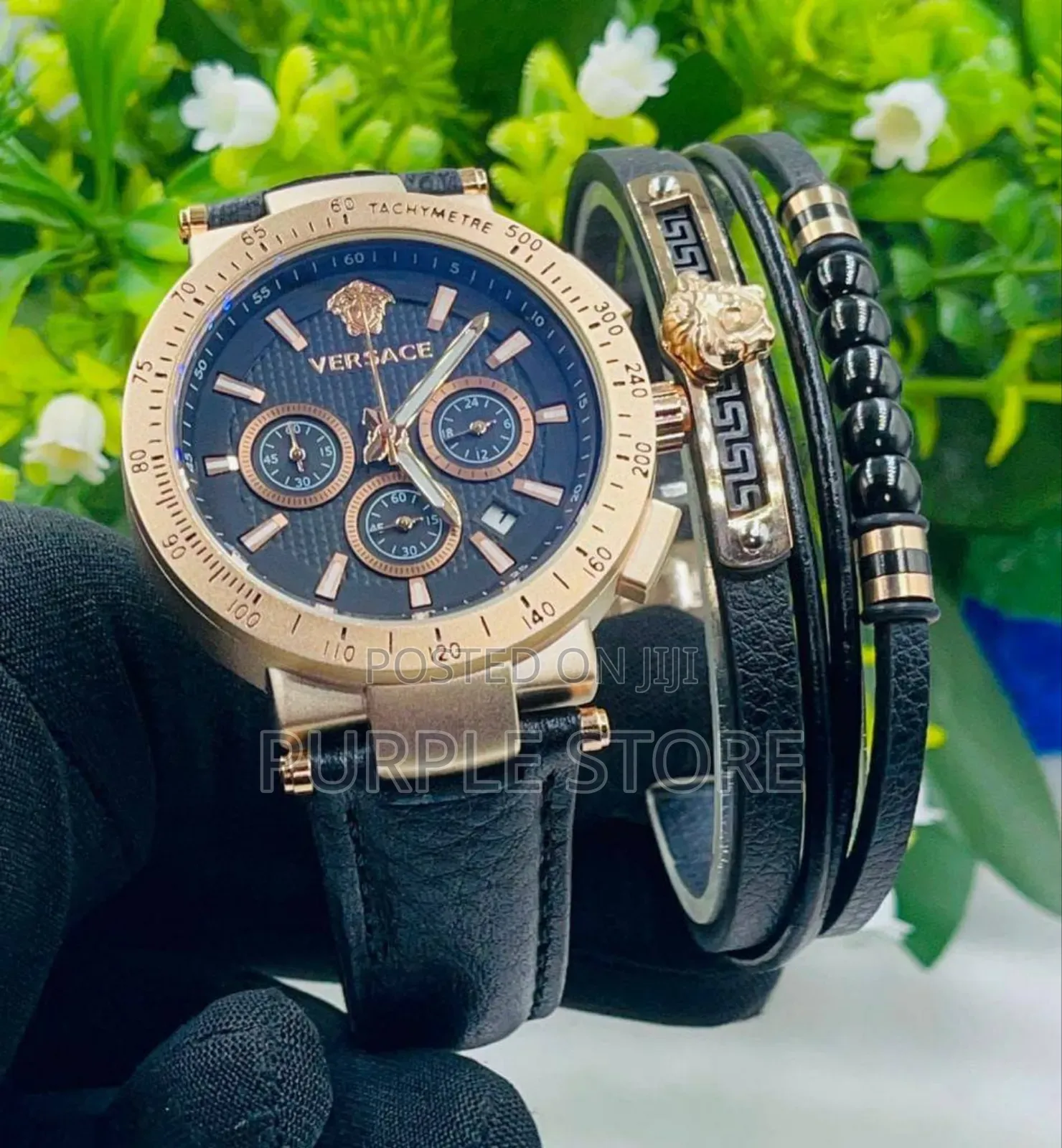 Versace Functional Chronogrqph Watch and Leather Bracelets Set