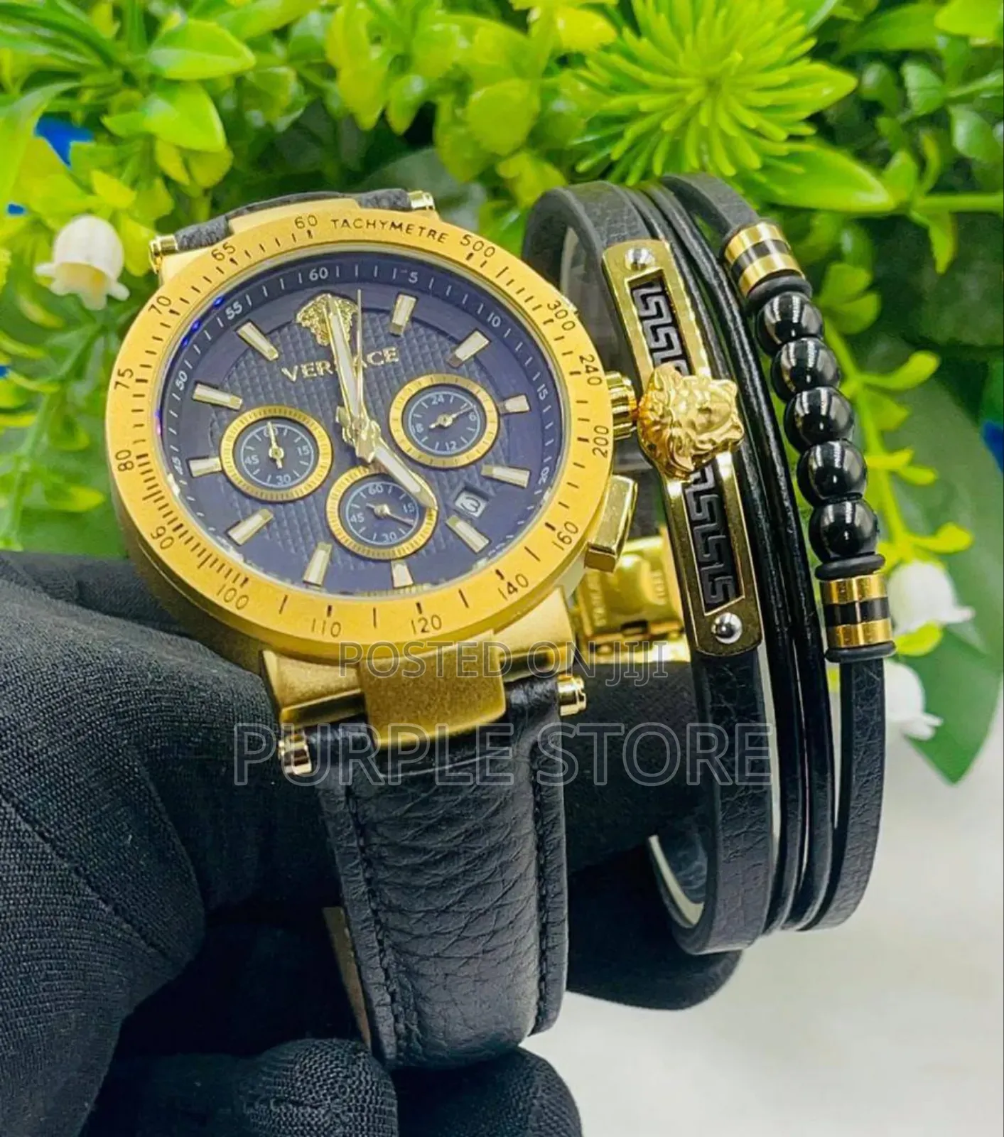 Versace Functional Chronogrqph Watch and Leather Bracelets Set