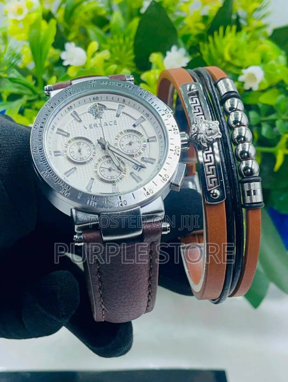 Versace Functional Chronogrqph Watch and Leather Bracelets Set