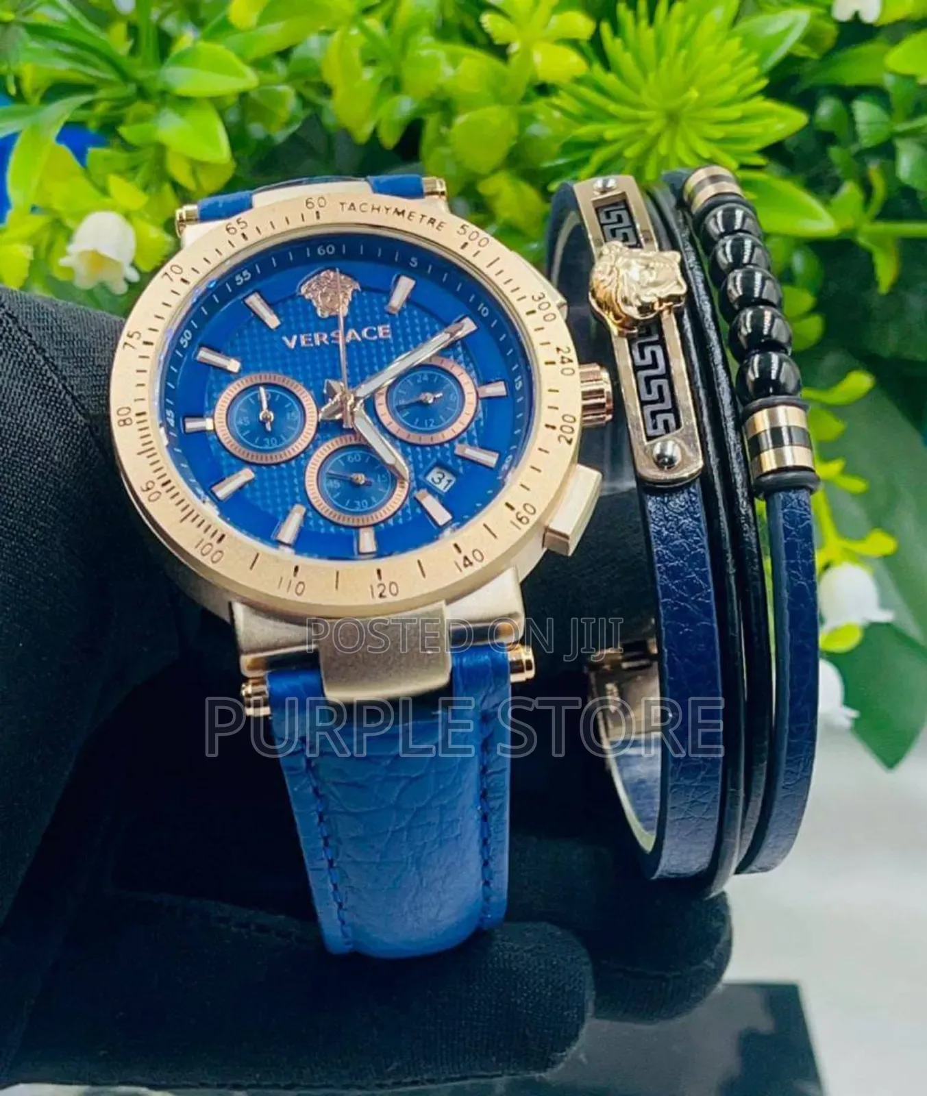 Versace Functional Chronogrqph Watch and Leather Bracelets Set