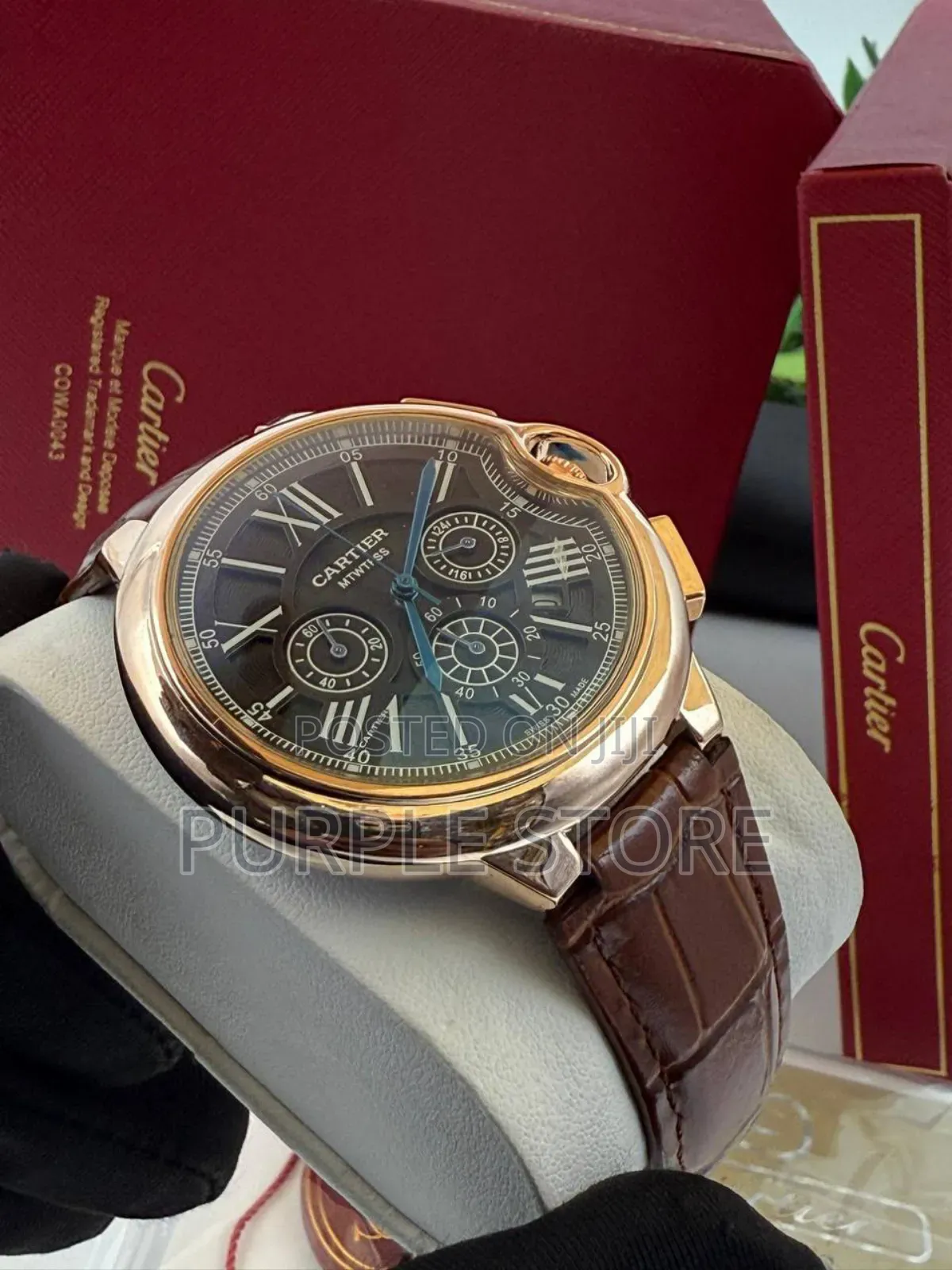 Cartier Roman Figure Dial Leather Chronograph Wristwatch