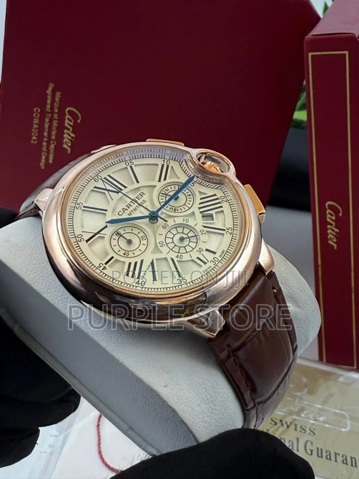 Cartier Roman Figure Dial Leather Chronograph Wristwatch