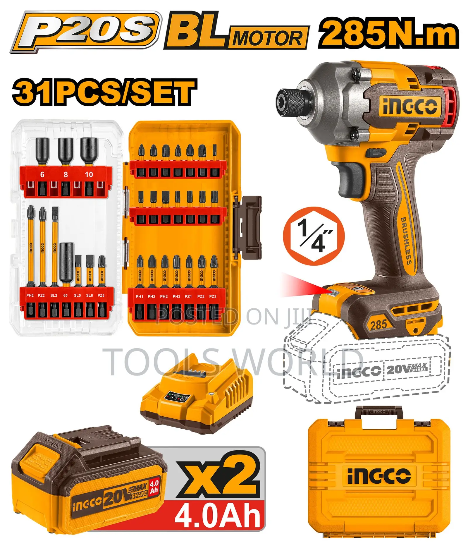 Ingco 20v Cordless Impact Driver-285nm Kit With 31 Pce Screwdriver Set