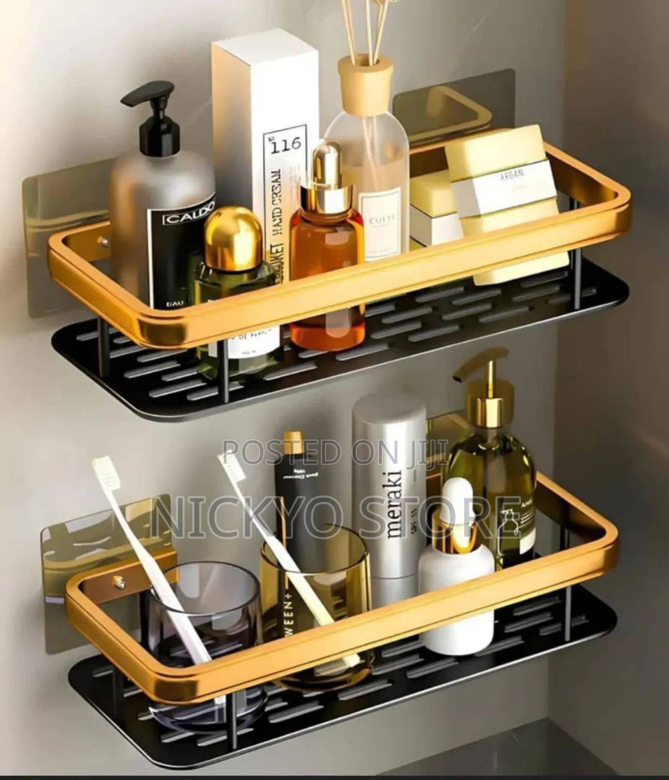 1-Tier Luxury Wall-Mounted Bathroom Shelf (Gold Black Edition)