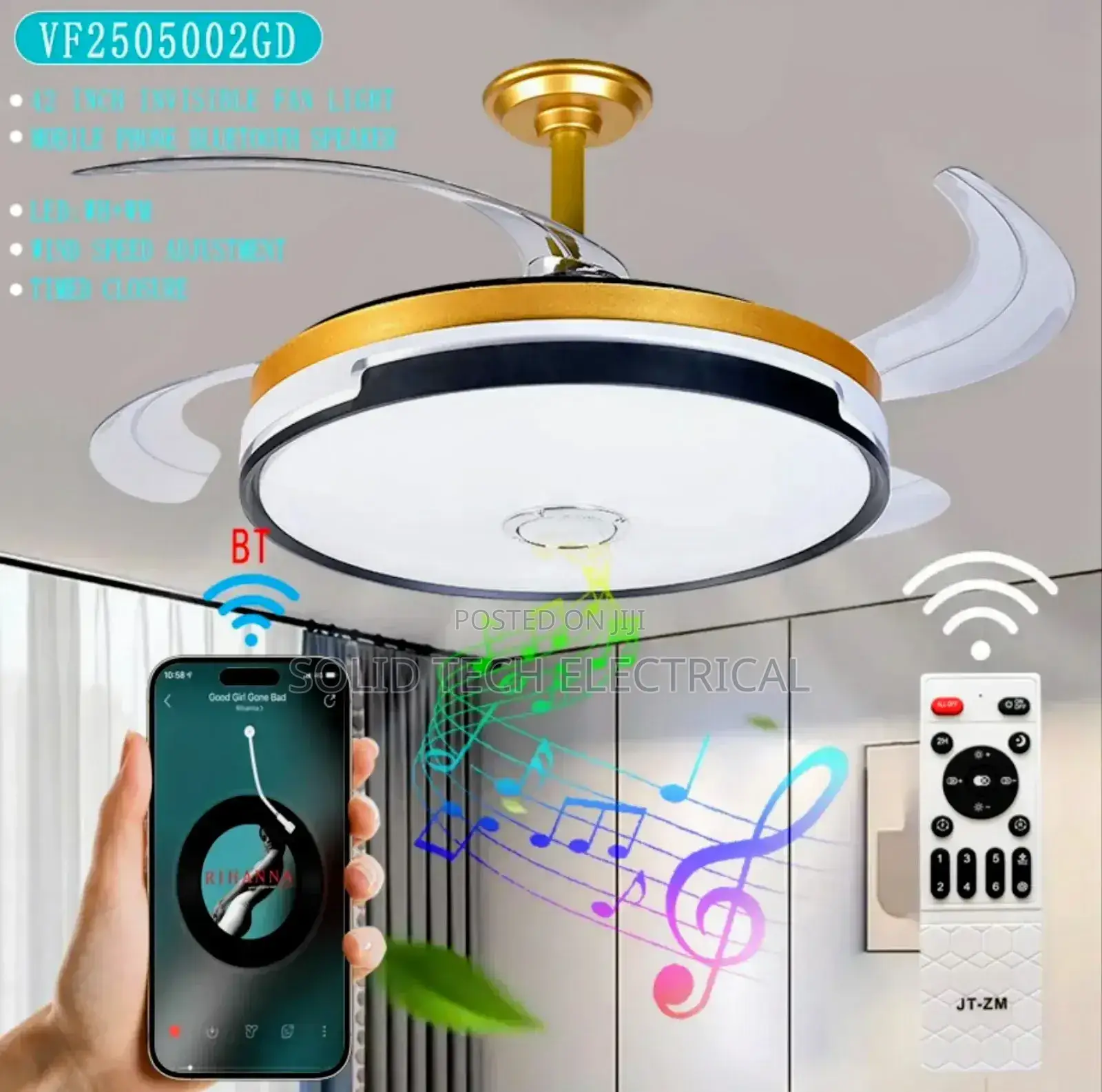 Fancy Modern White, Gold Black Fan Chandelier Light With Bluetooth