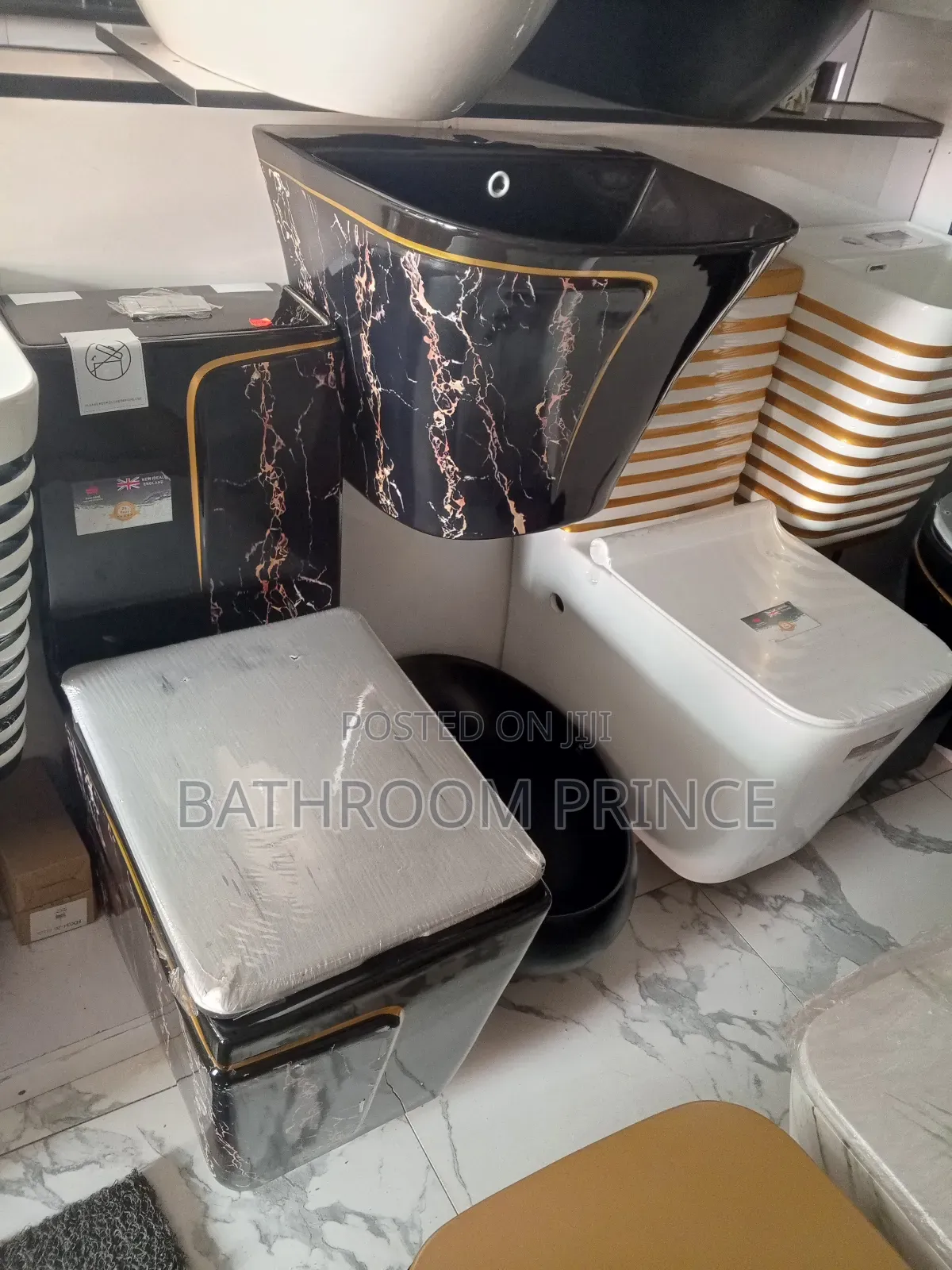 Unique Black With Gold Strip Water Closet Set