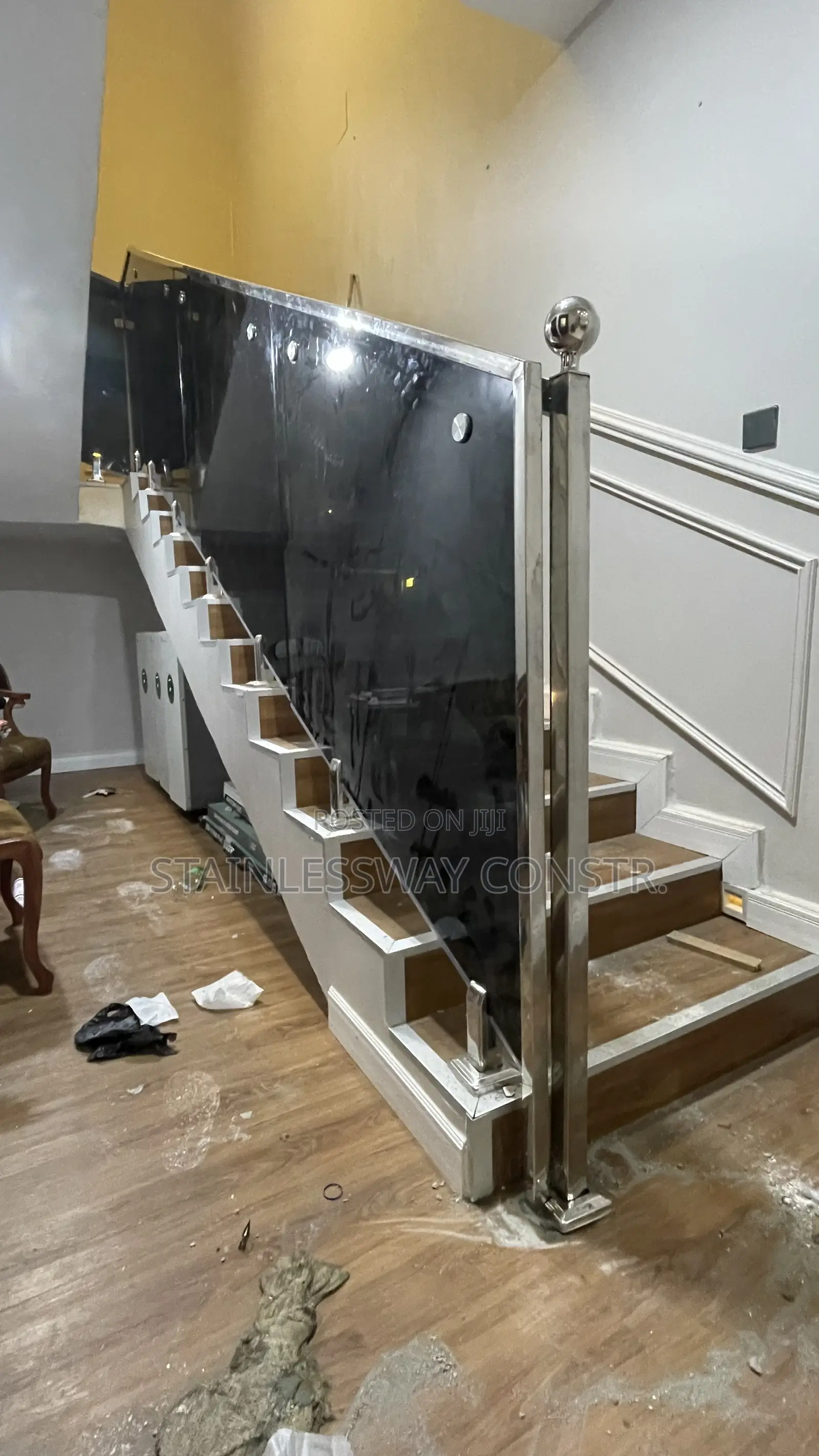 Dark Grey Glass Railing With Stainless Top Rail