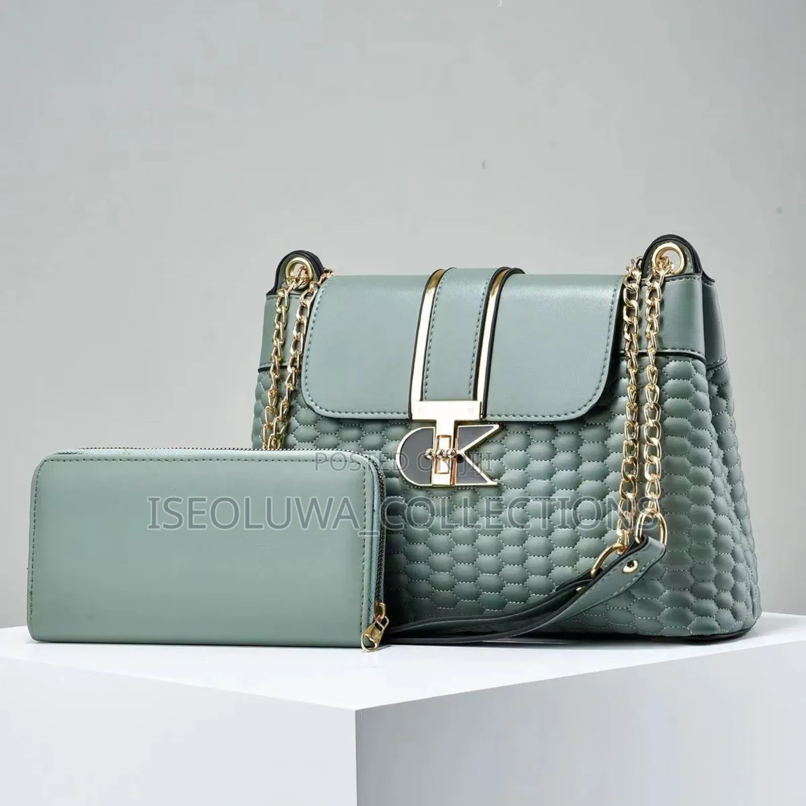 Elegant Quilted Leather Handbag and Wallet Set With Gold Chain Detail