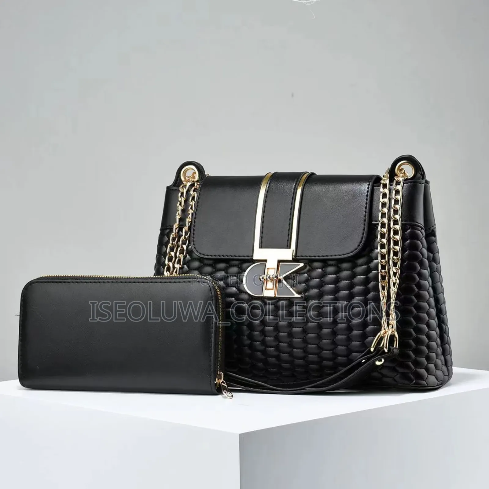 Elegant Quilted Leather Handbag and Wallet Set With Gold Chain Detail