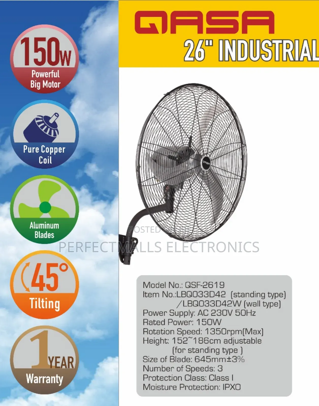 Qasa 26 Inches Industrial Wall Fan
