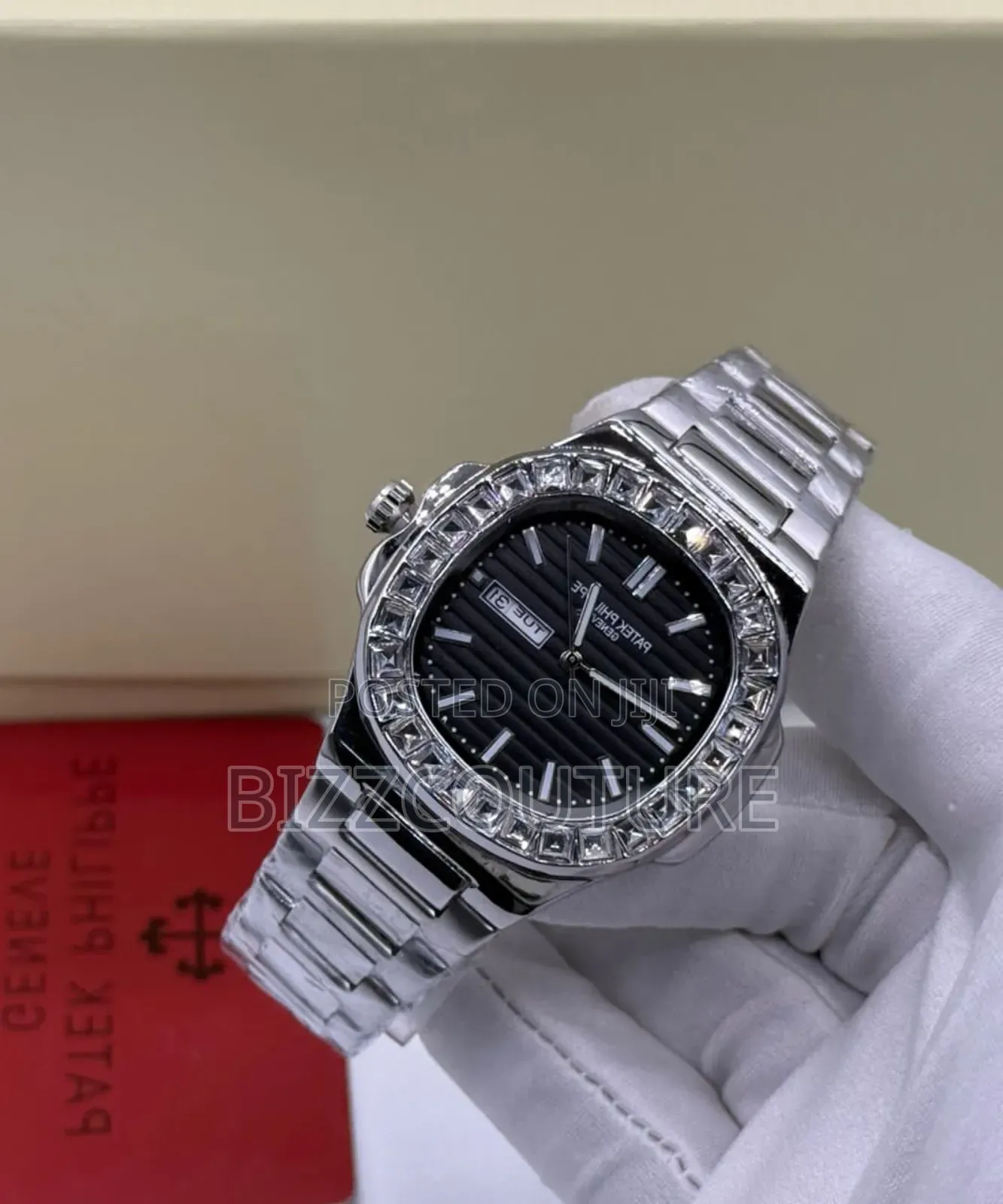 Original Patek Philippe Iced Silver Stainless Steel Calendar Watch