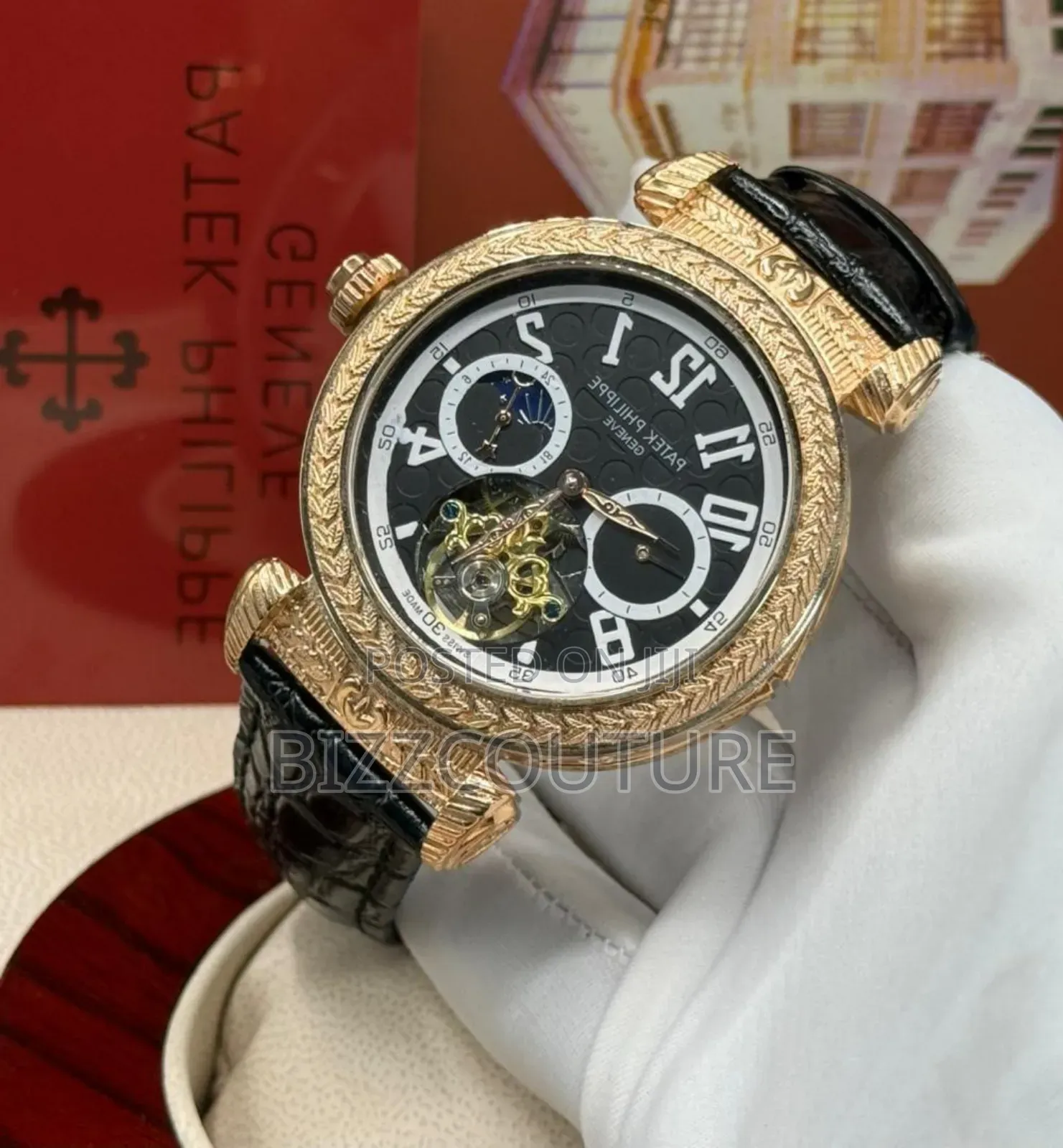 Original Patek Philippe Black Genuine Leather Strap Chronograph Watch