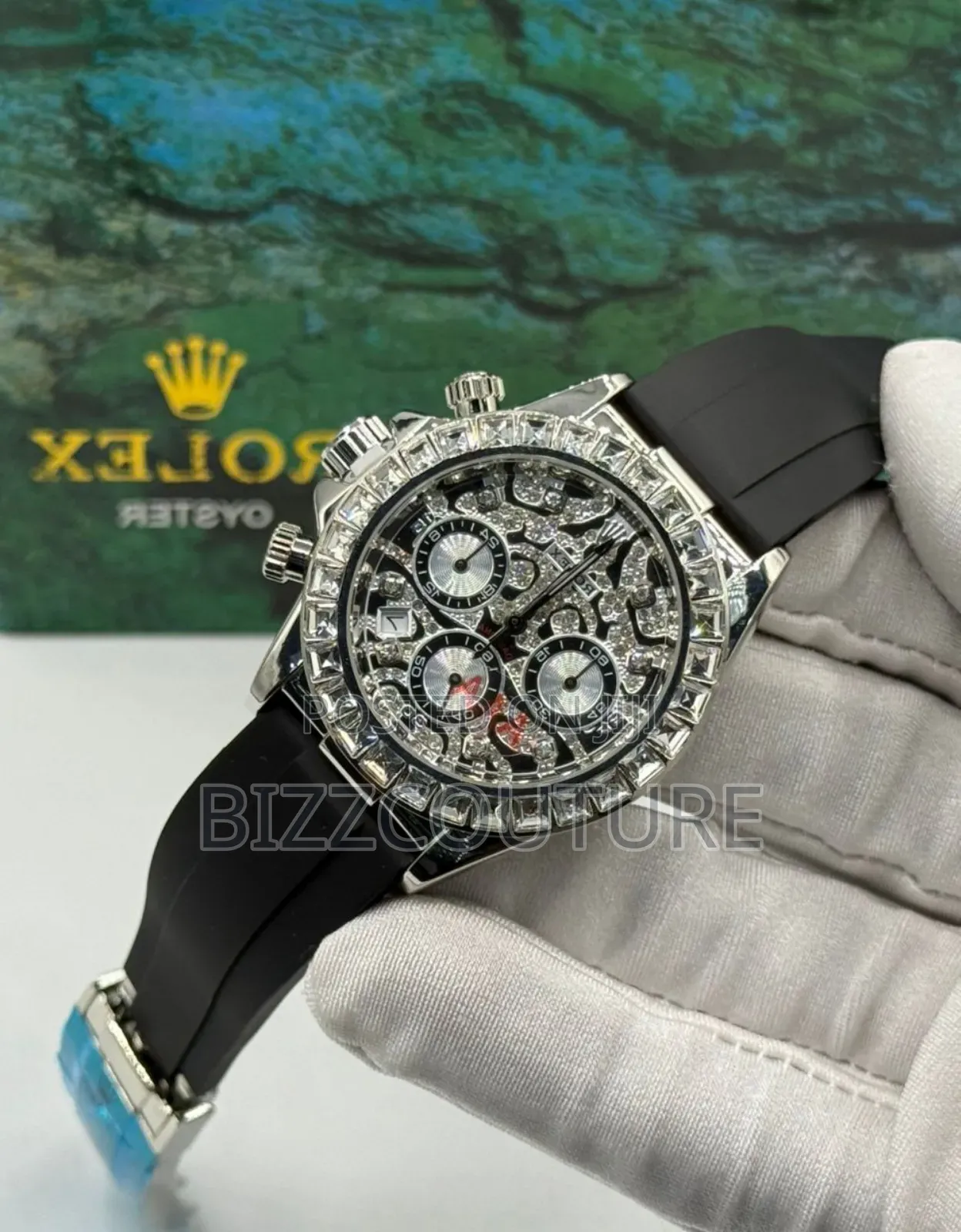 High Quality Rolex Iced Out Black Rubber Strap Quartz Watch