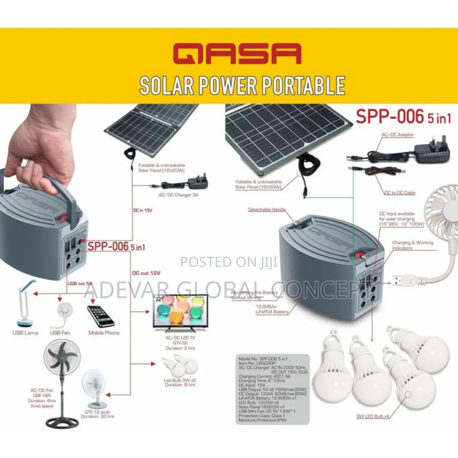 5in1 Qasa Solar Power Portable 20w Foldable Panel+4 Led Bulbs+Mini Fan