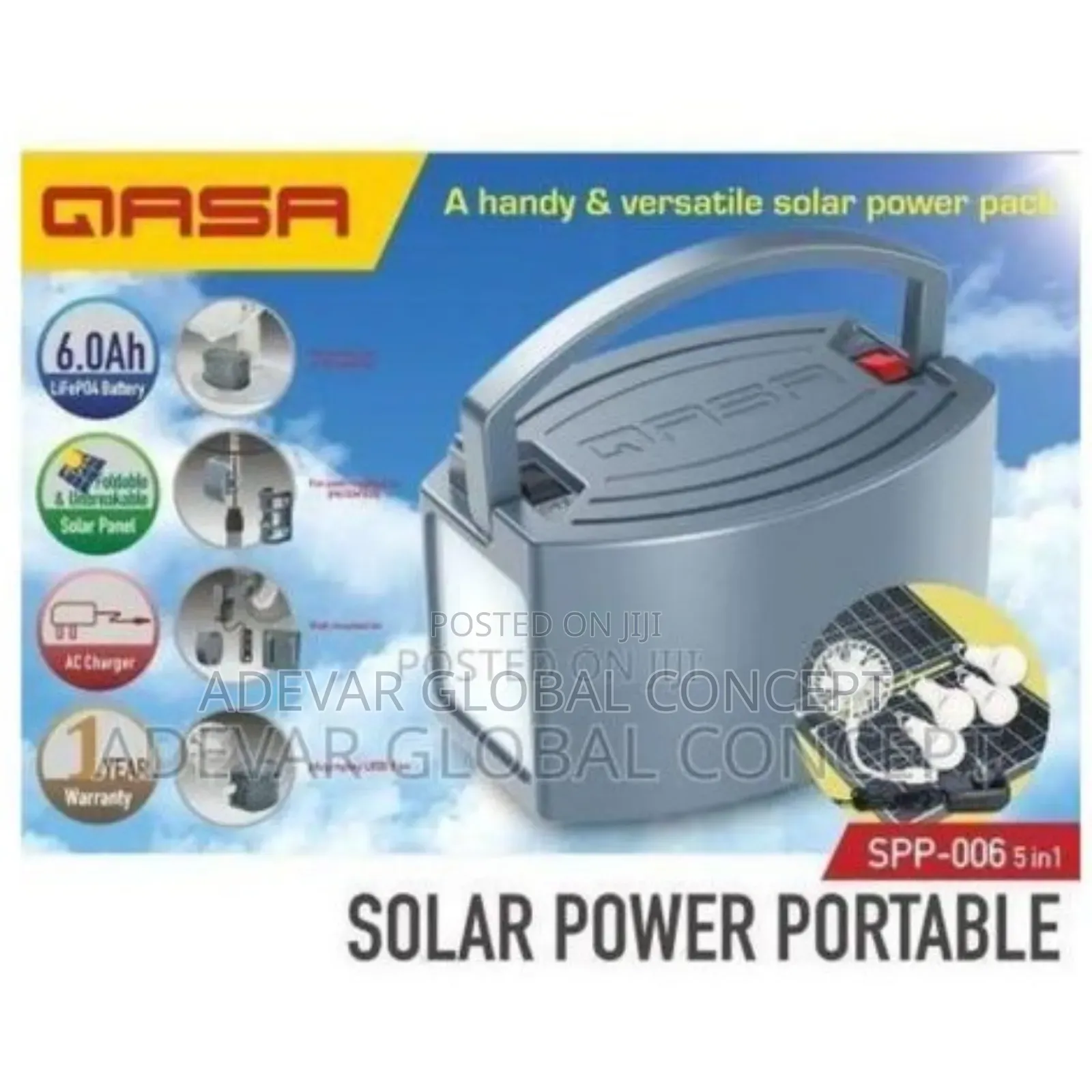 5in1 Qasa Solar Power Portable 20w Foldable Panel+4 Led Bulbs+Mini Fan
