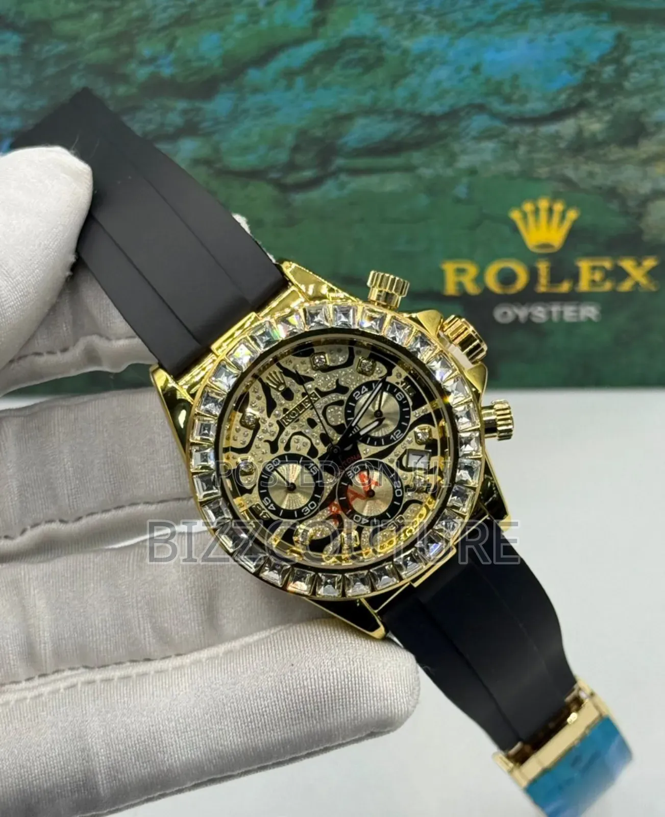 Original Rolex Iced Black Rubber Strap Calendar Quartz Watch