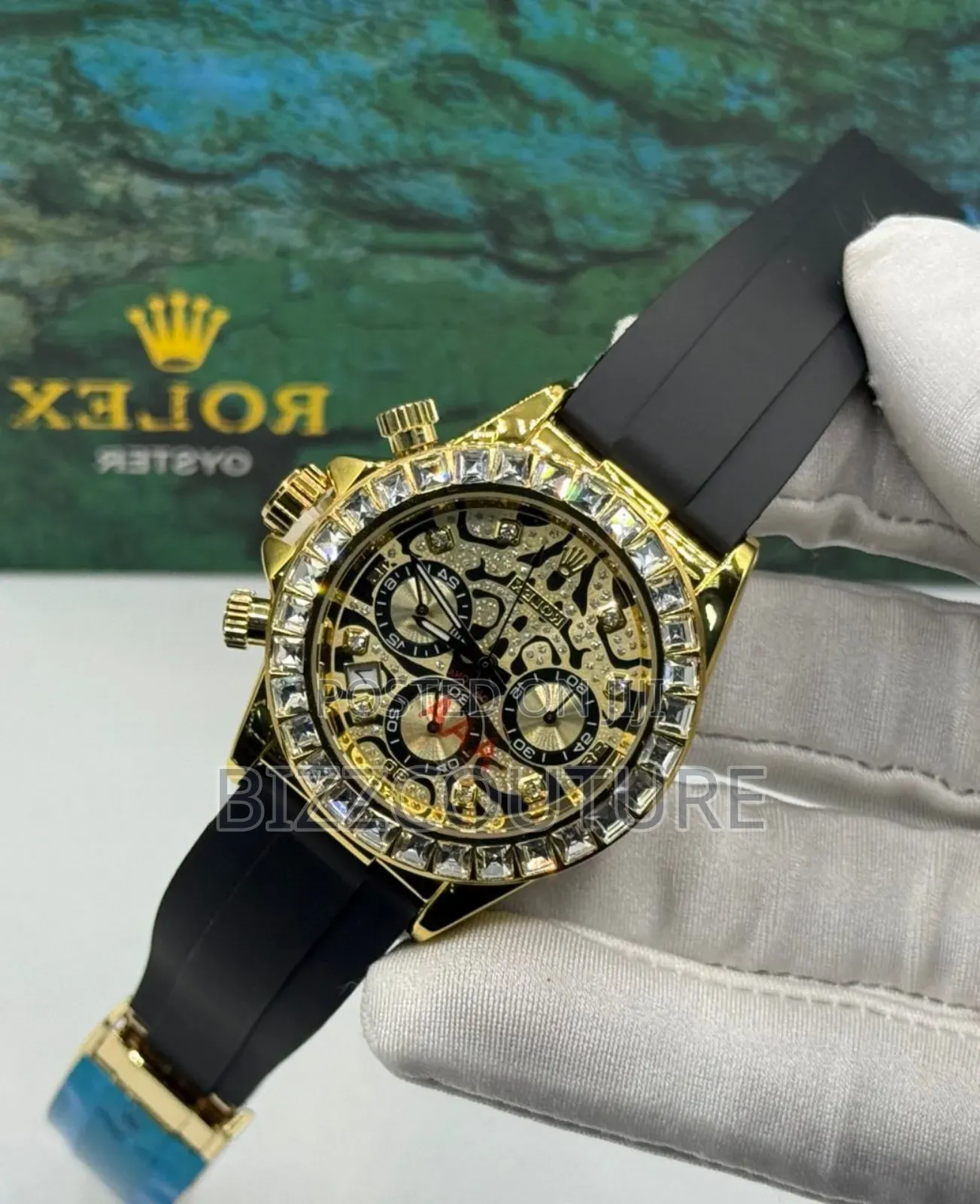 Original Rolex Iced Black Rubber Strap Calendar Quartz Watch