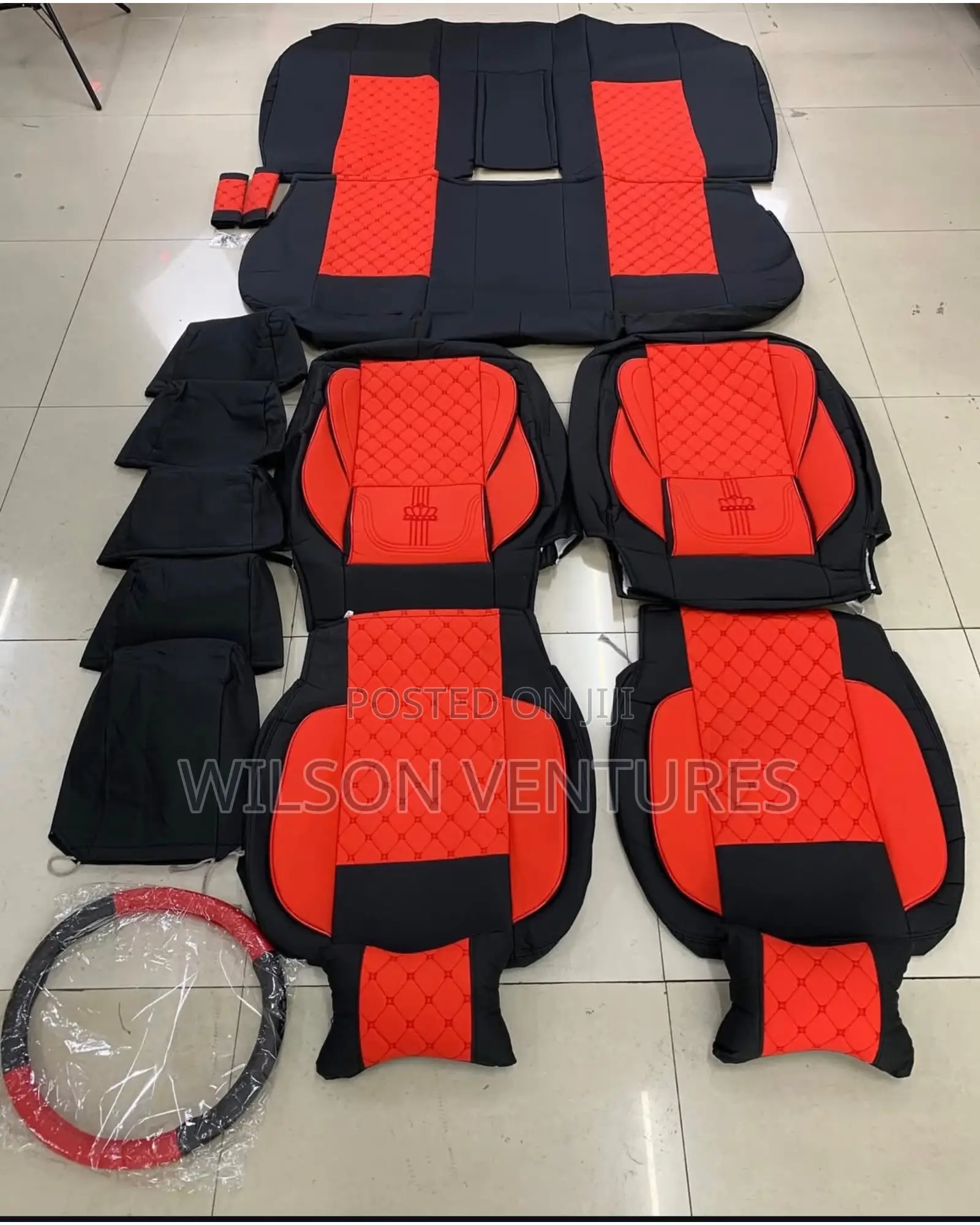 Black With Red Leather Crown Seat Cover