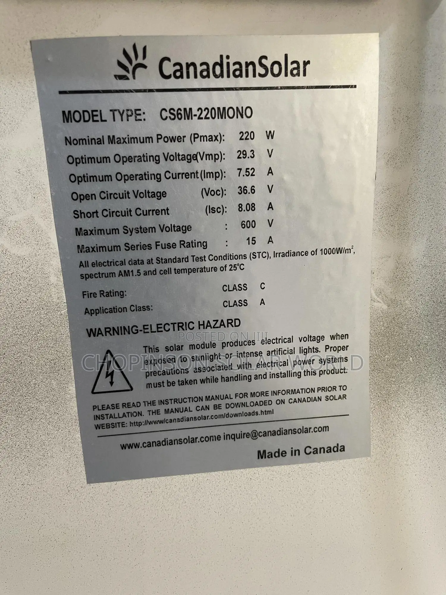 Solar Energy Canadian Panels 72cell 220watts/24votts