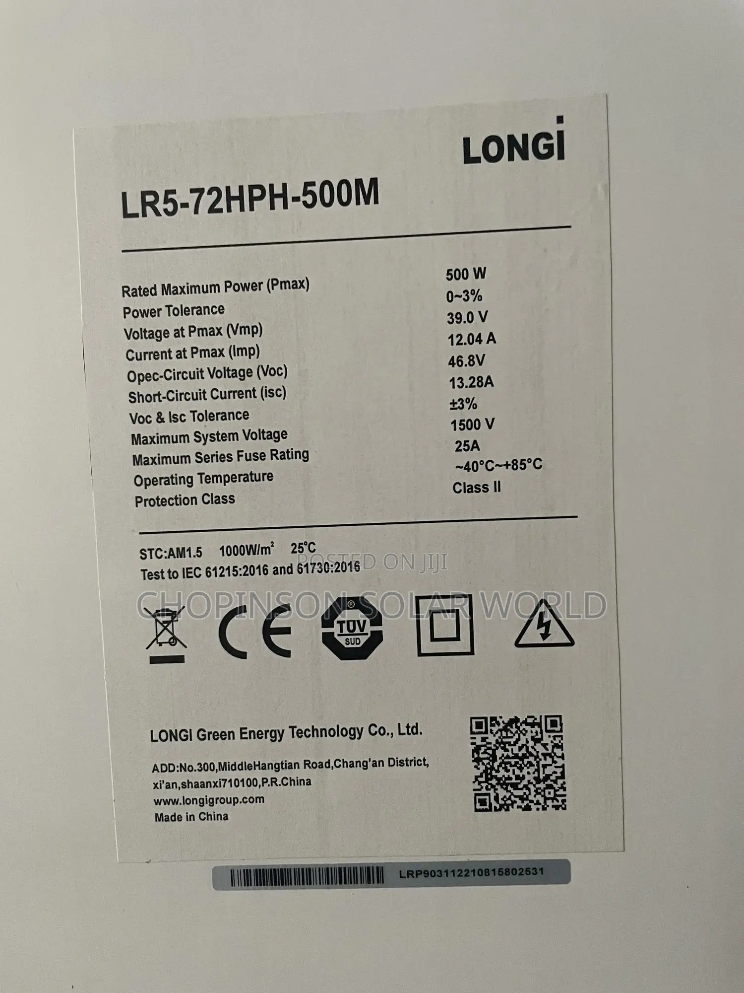 Solar Energy Longi Panels 500watts/48v
