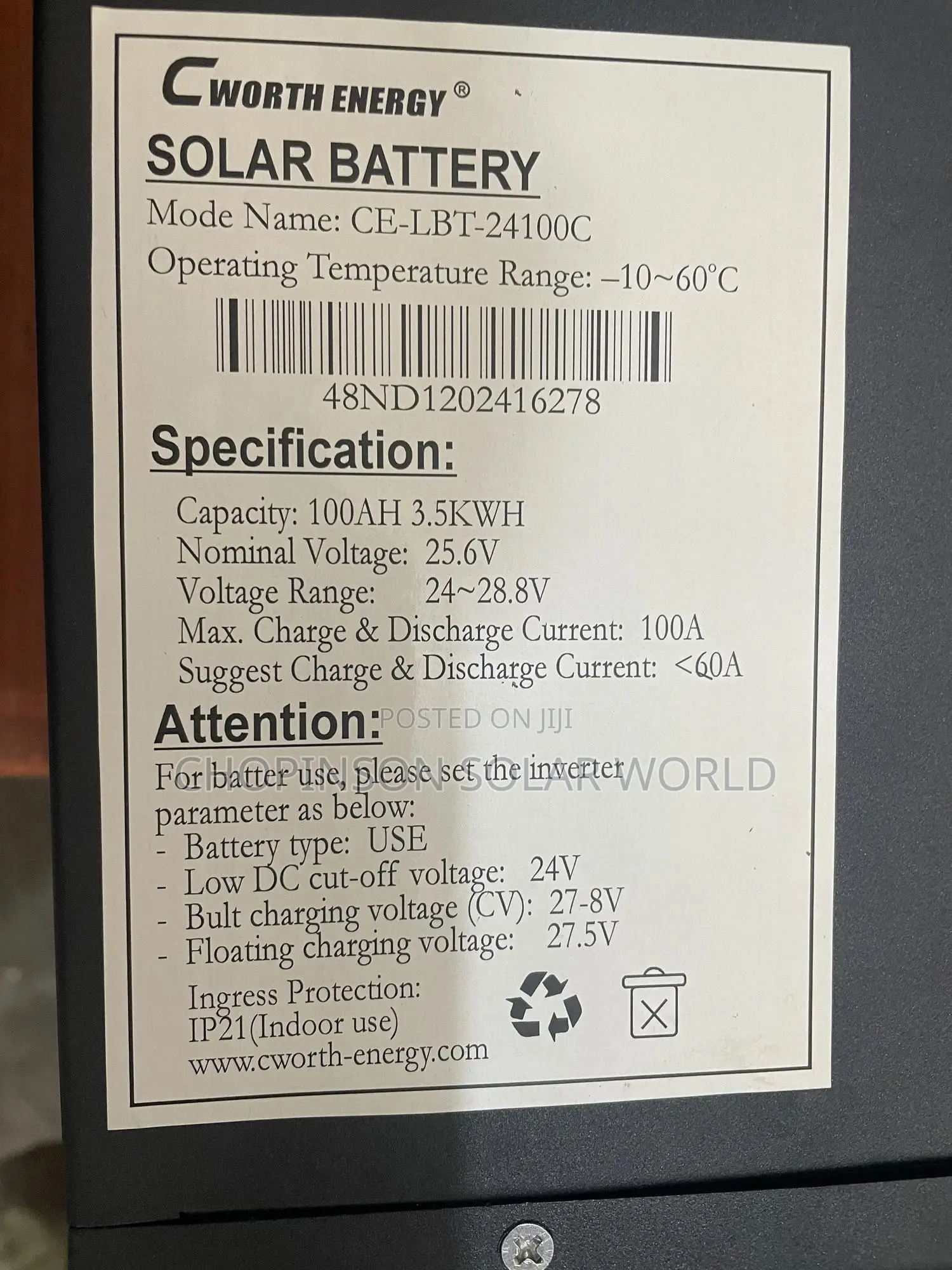 Solar Energy Cworth Lithium Battery 3.5kwh/24v