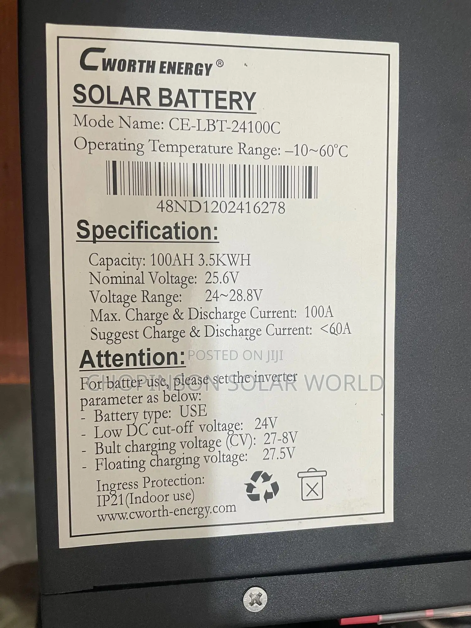 Solar Energy Cworth Lithium Battery 3.5kwh/24v