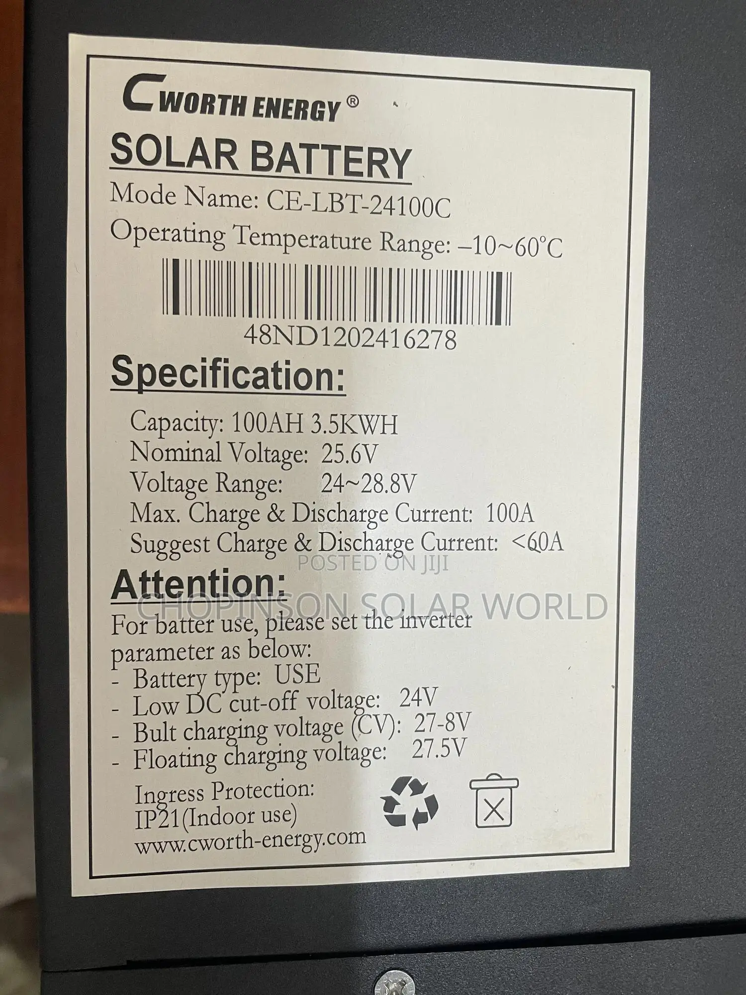 Solar Energy Cworth Lithium Battery 3.5kwh/24v