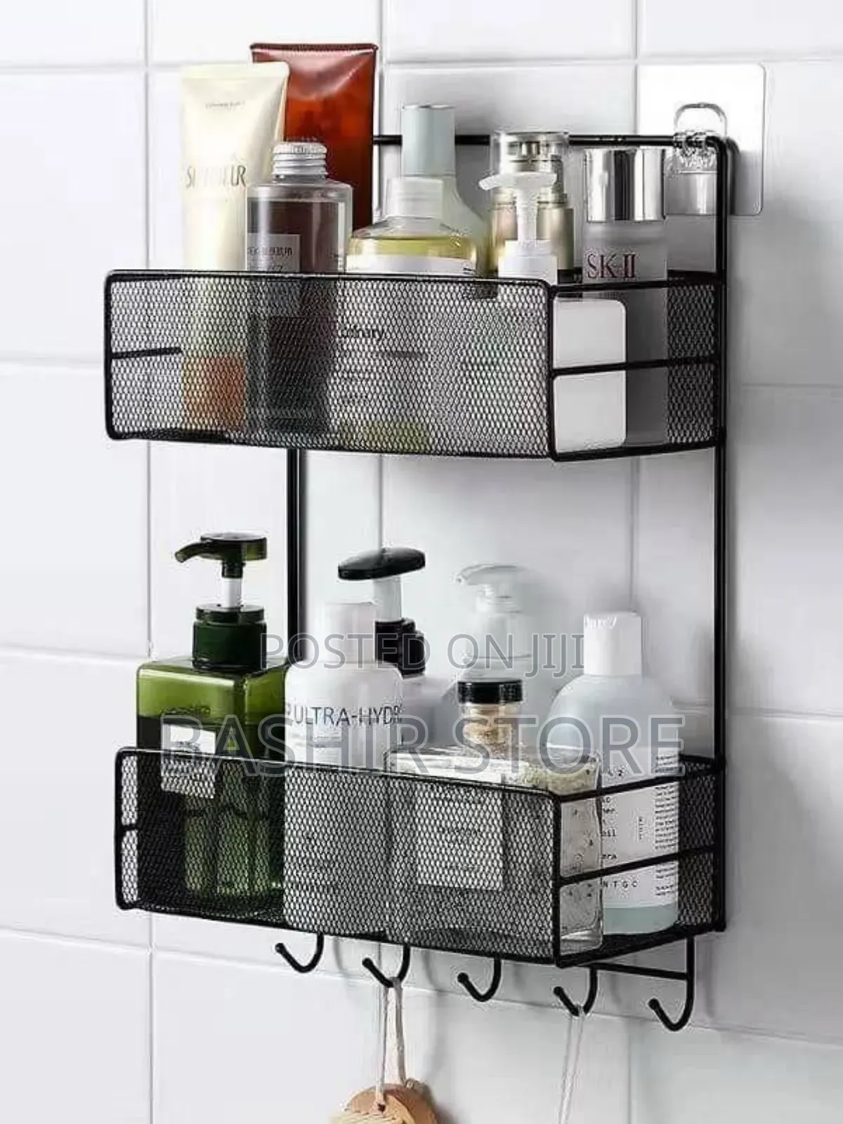 Wall-Mounted, Two-Tier Metal Mesh Bathroom Organizer Shelf