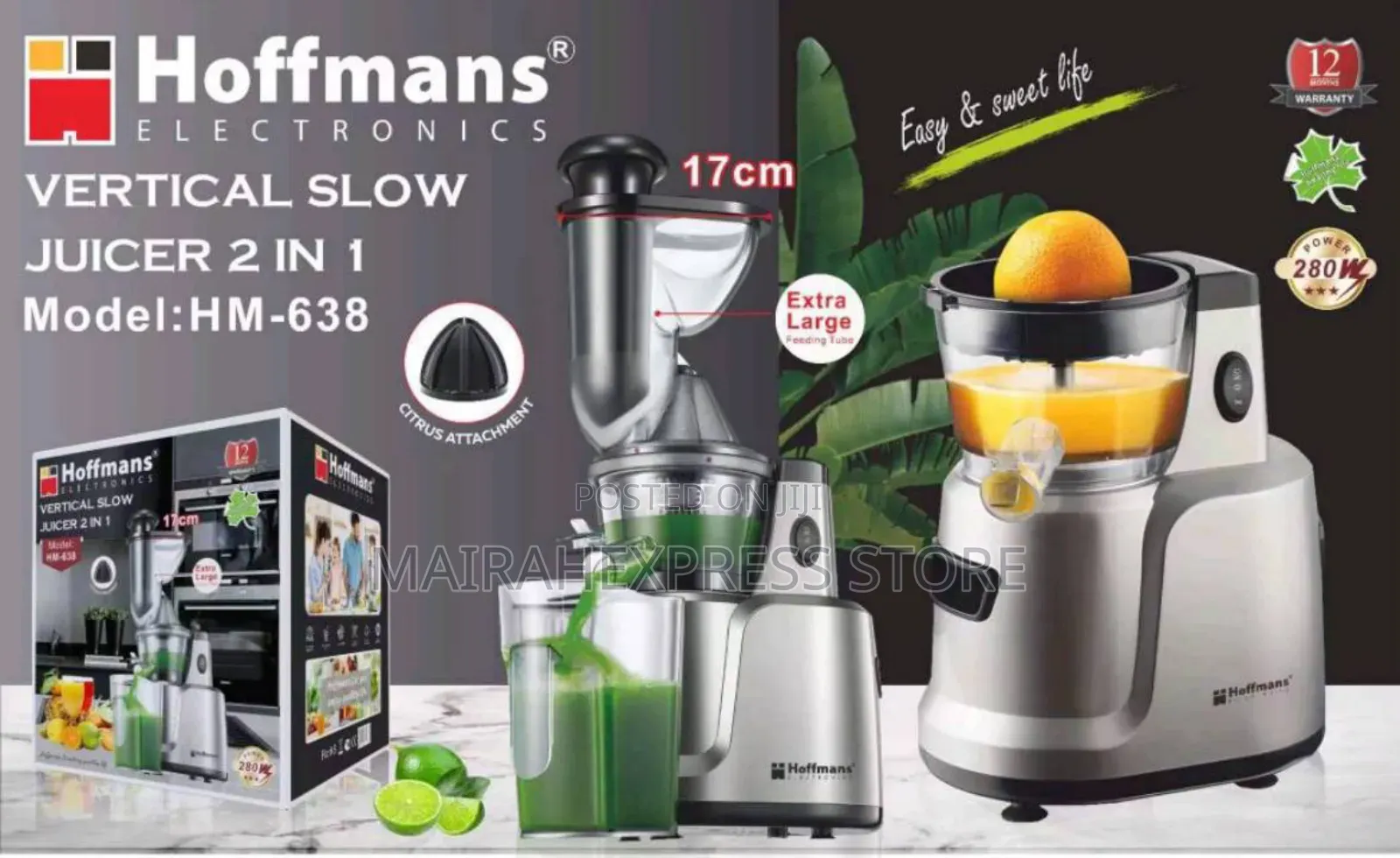 Hoffmans 2-in-1 Vertical Slow Juicer - 280w. Citrus Fruit (2st7)