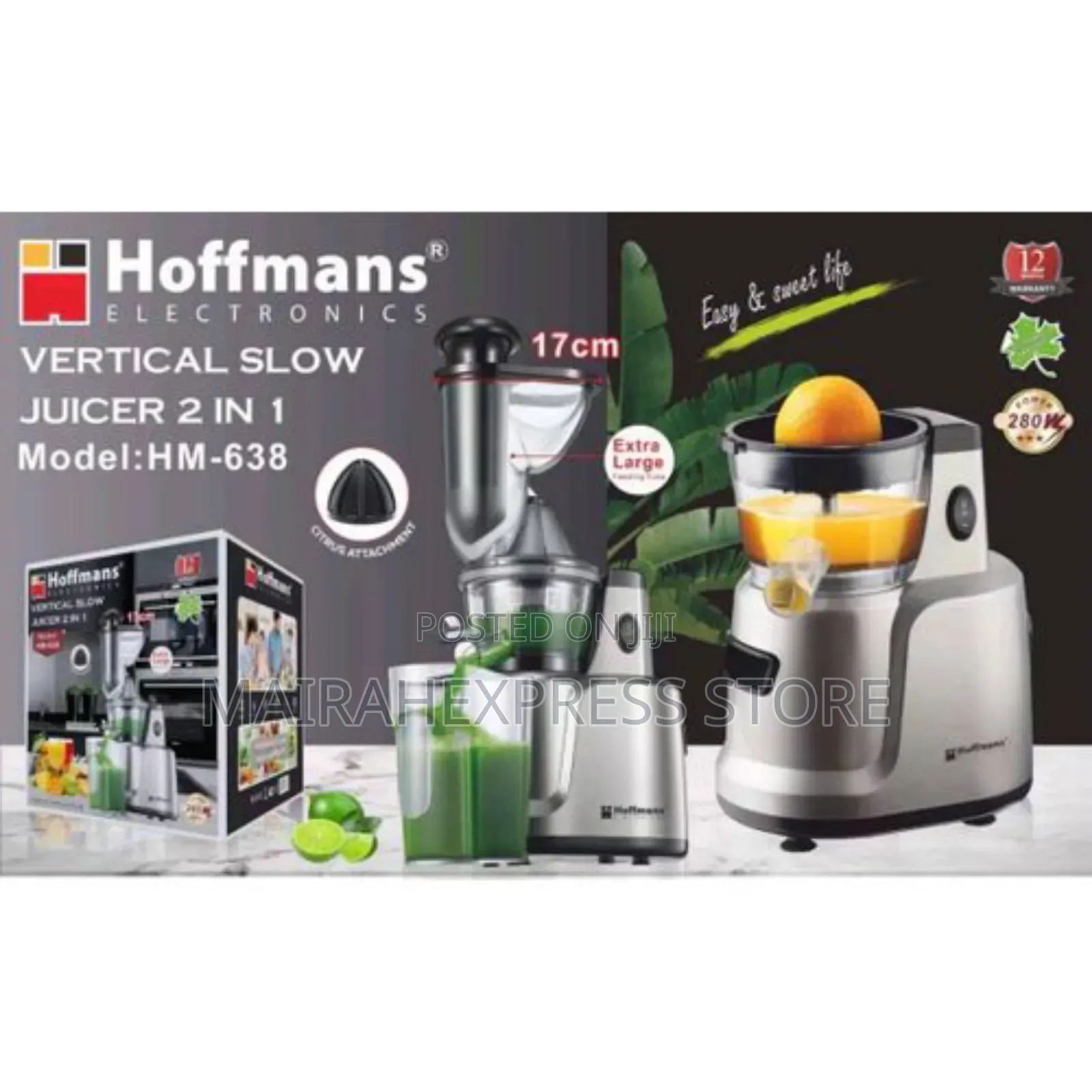 Hoffmans 2-in-1 Vertical Slow Juicer - 280w. Citrus Fruit (2st7)