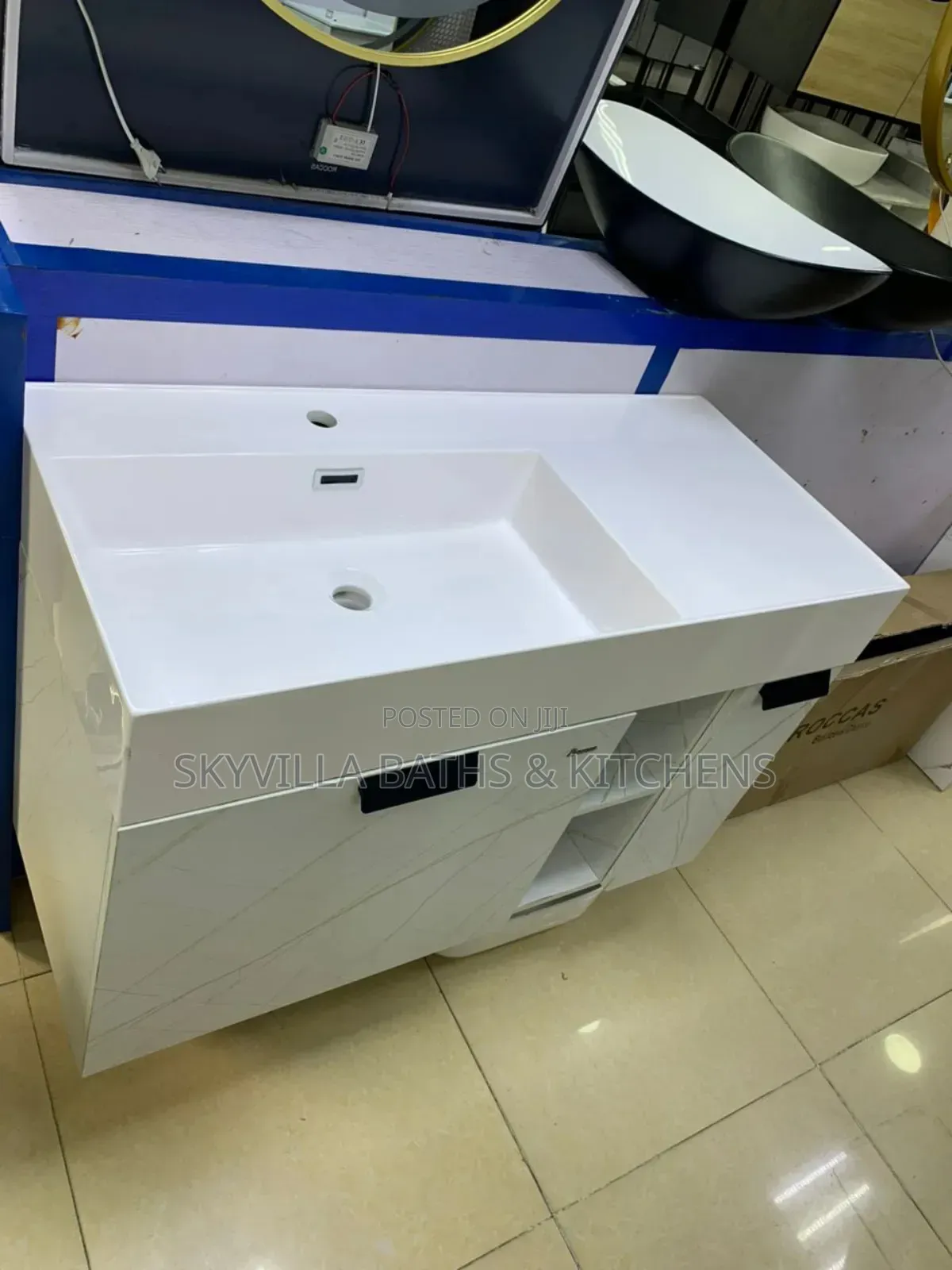 Single Basin White Vanity With Mirror.