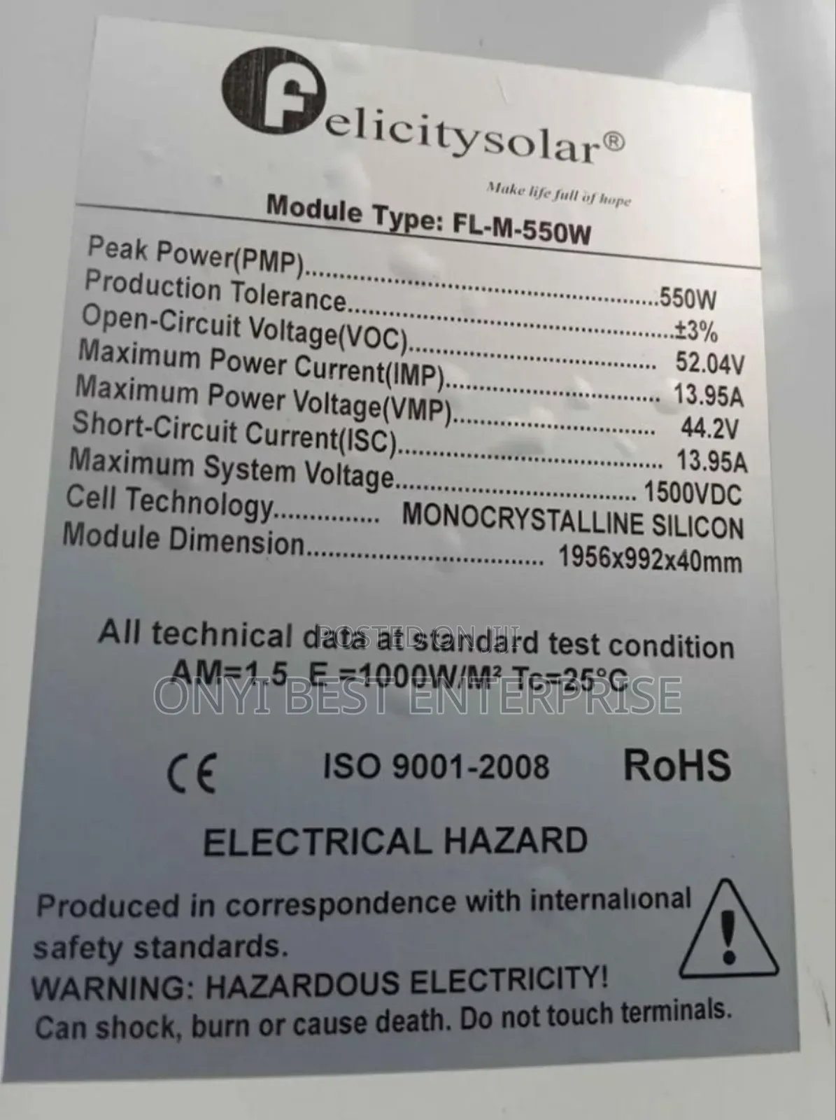 Felicity Solar Panel Mono 550watts Brand New