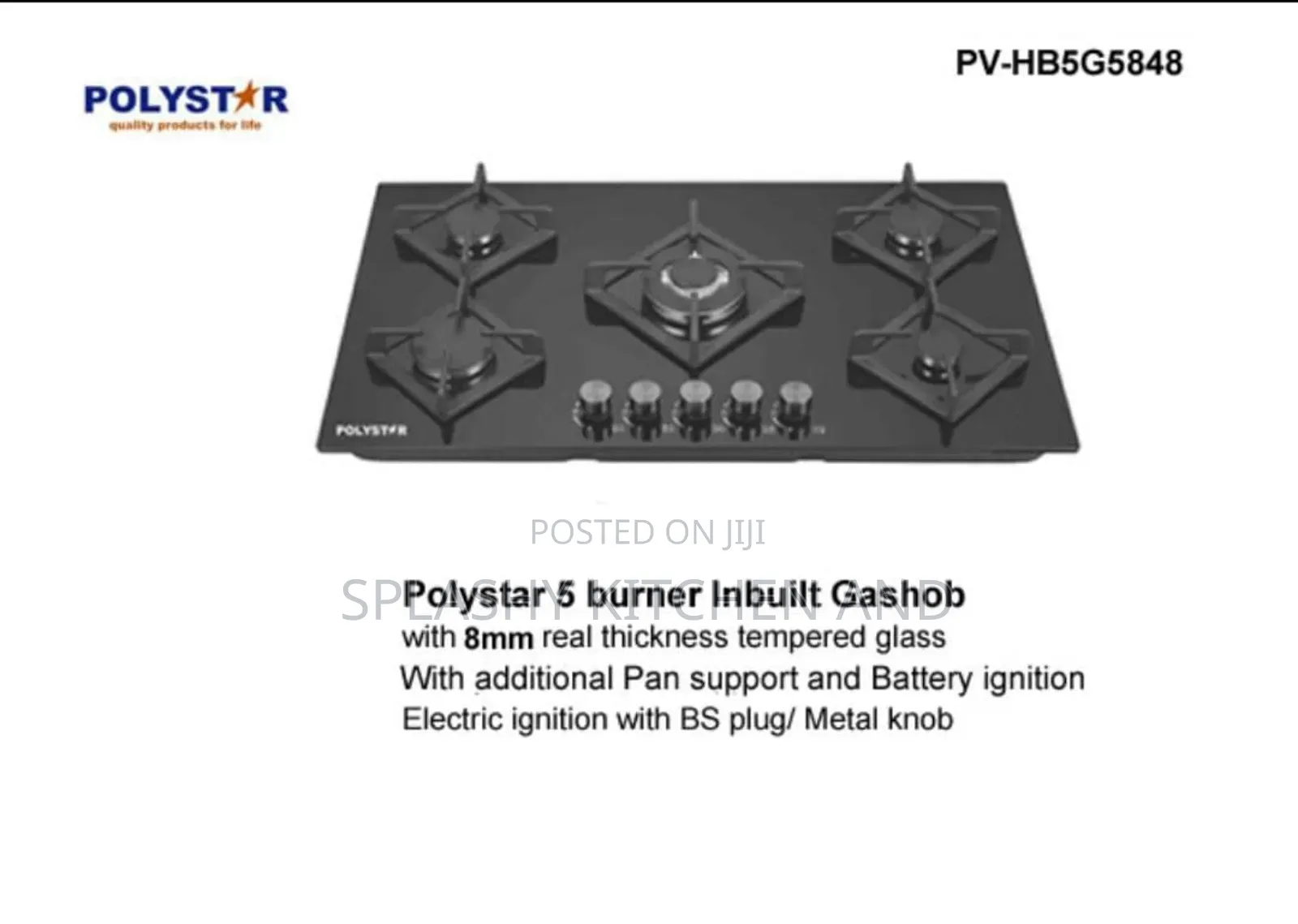 Polystar 5 Burner Tempered Glass 90cm Built in Gas Hub