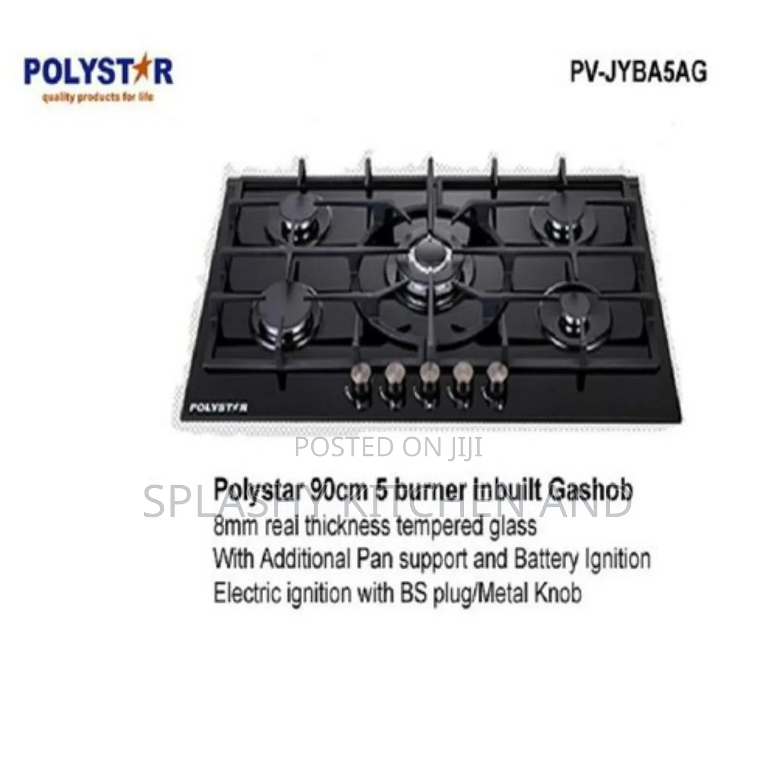 Polystar 5 Burner Tempered Glass 90cm Built in Gas Hub