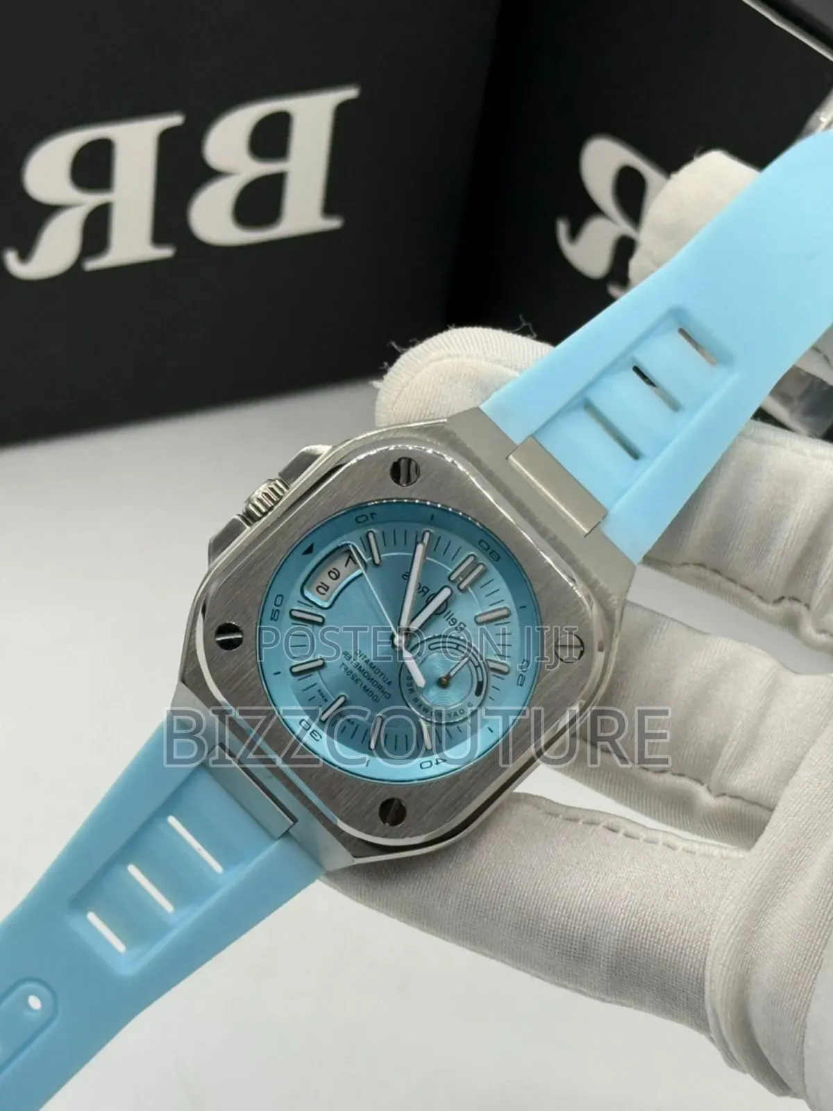 Original Bell Ross Blue Rubber Strap Quartz Calendar Watch