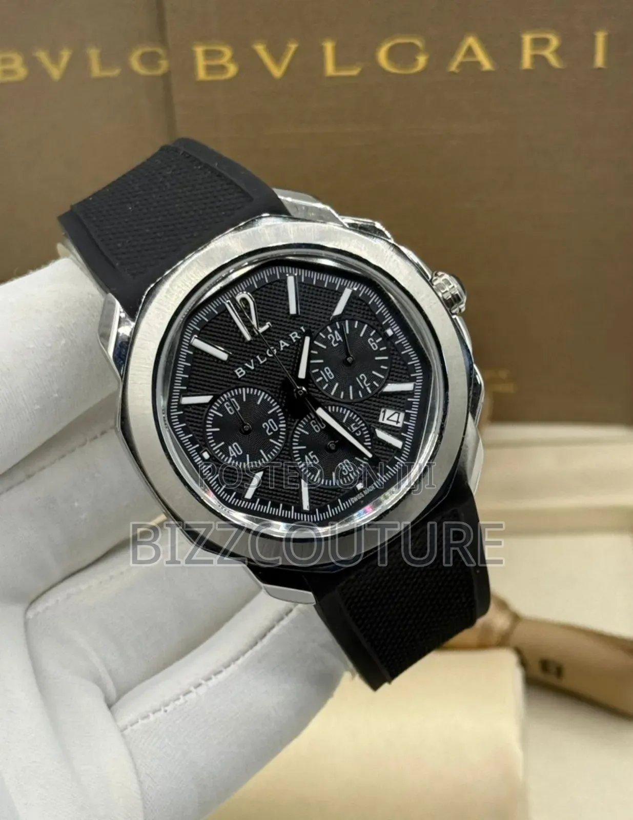 Original Bvlgari Black Faux Leather Strap Chronograph Quartz Watch