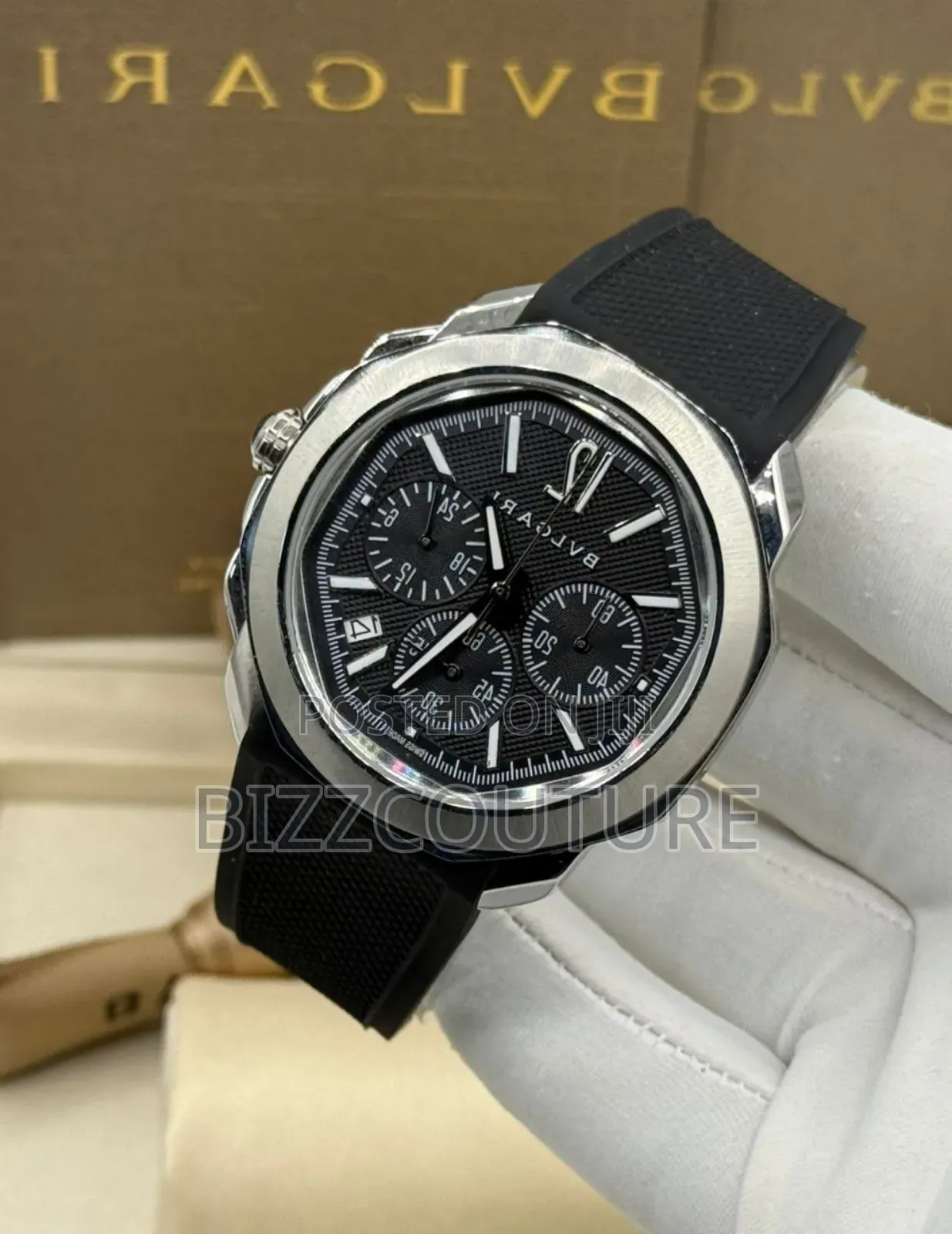 Original Bvlgari Black Faux Leather Strap Chronograph Quartz Watch