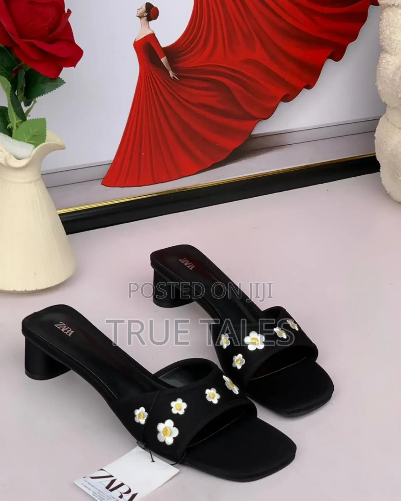 Floral Embellished Daisy Heeled Slippers. Sizes 37-43
