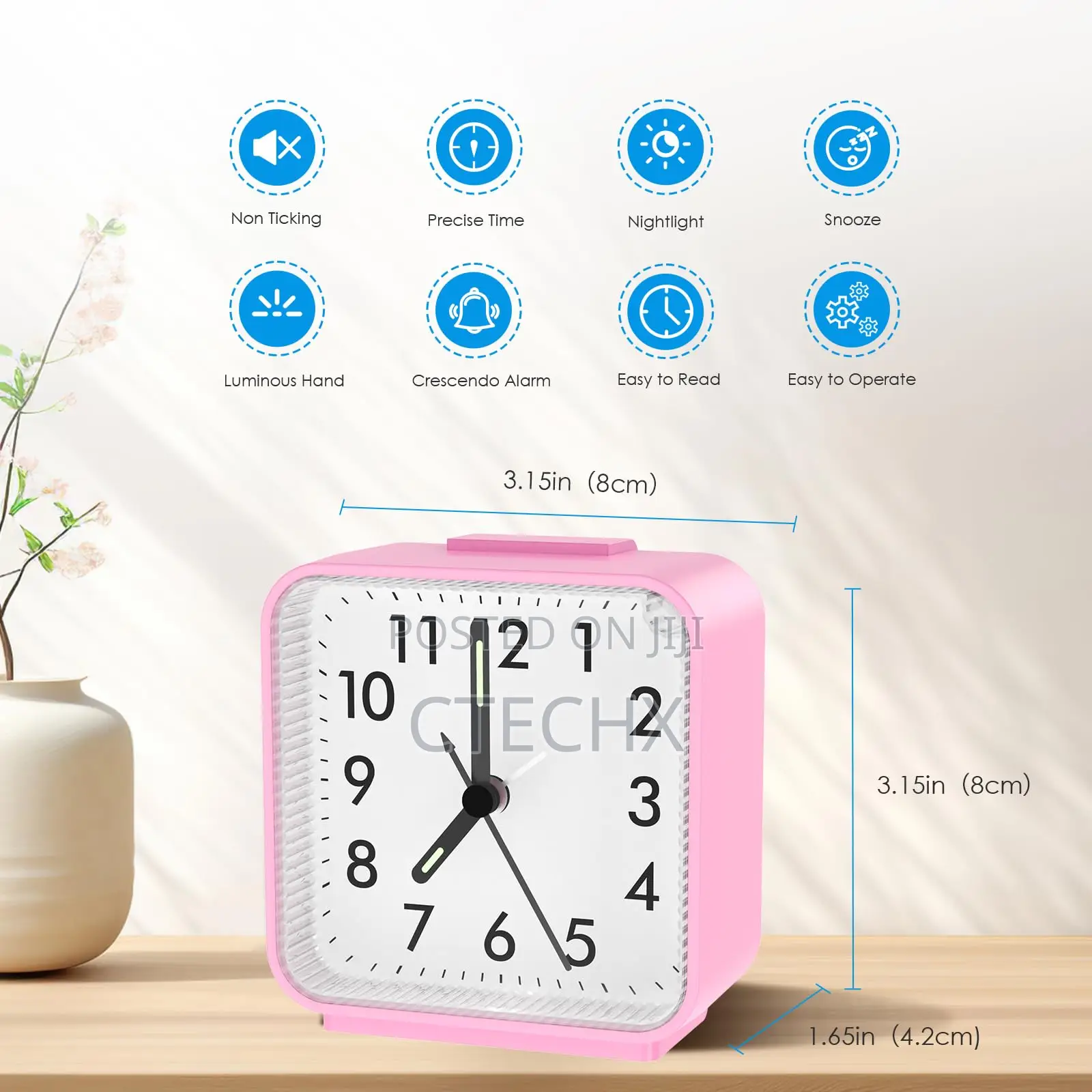 Brifit Silent Alarm Clock, Non Ticking Bedside Battery Powered. Pink