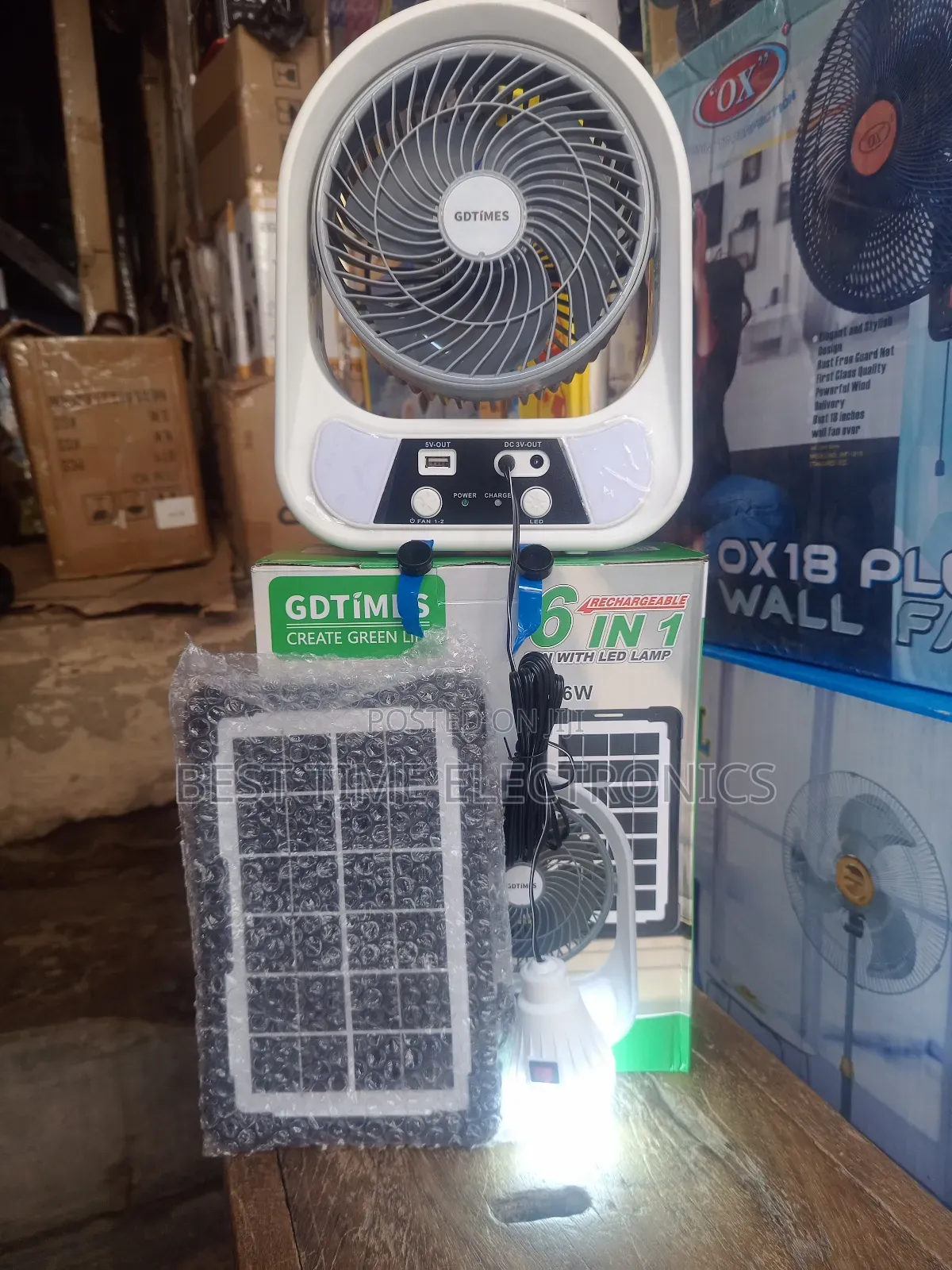 8" Gdtimes 6in1 Solar Rechargeable Table Fan