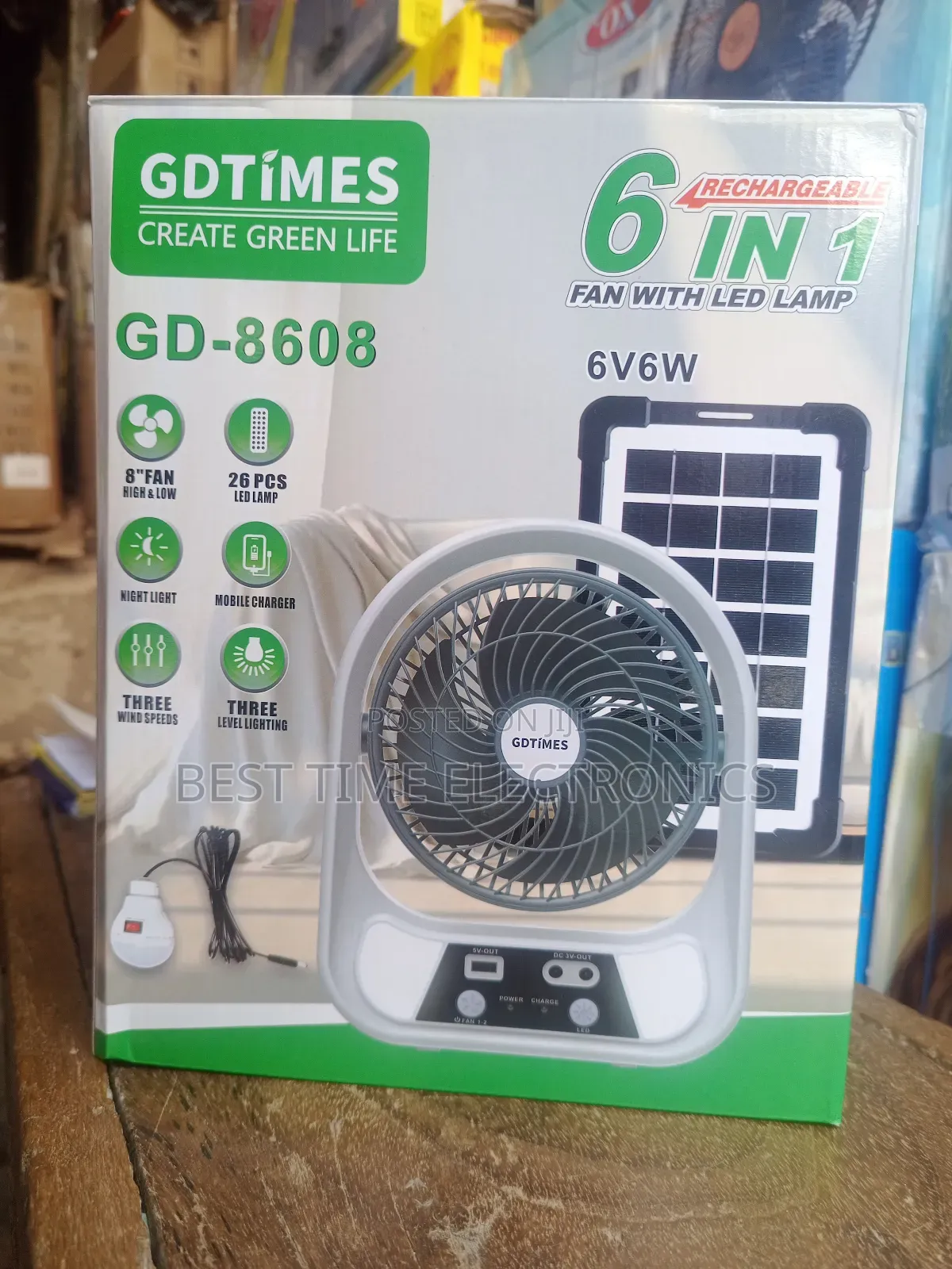 8" Gdtimes 6in1 Solar Rechargeable Table Fan