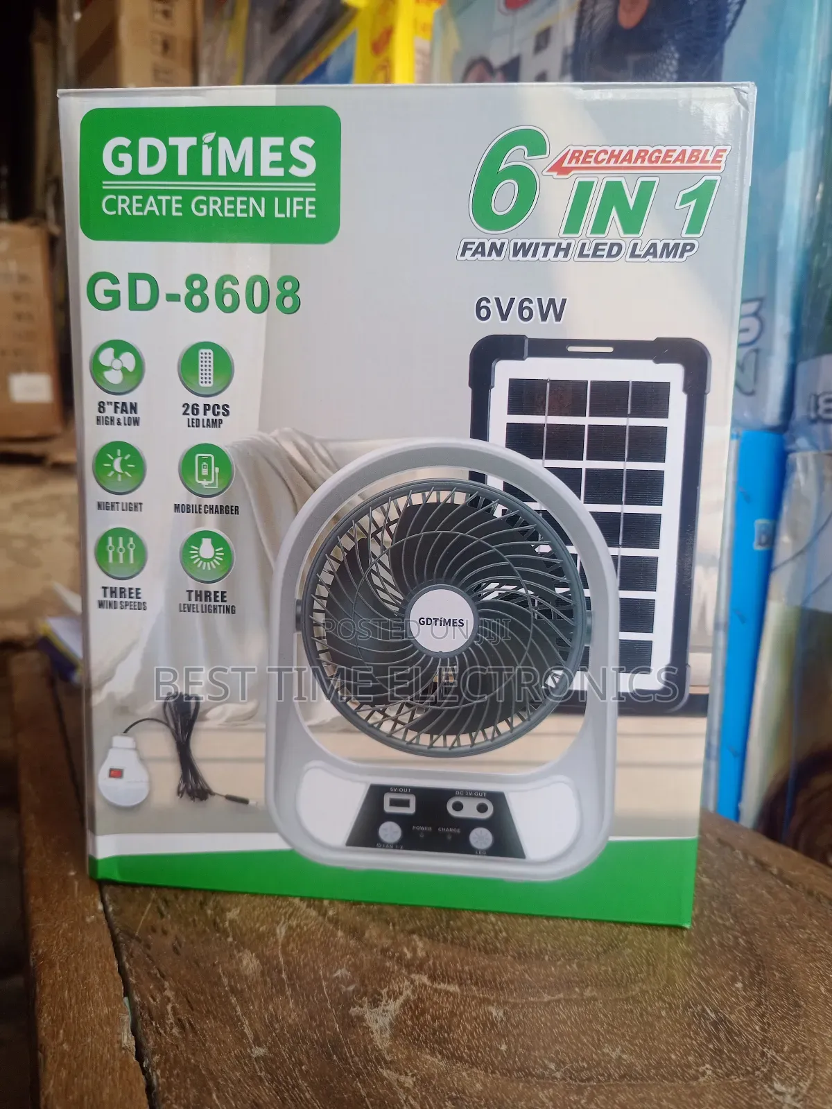 8" Gdtimes 6in1 Solar Rechargeable Table Fan