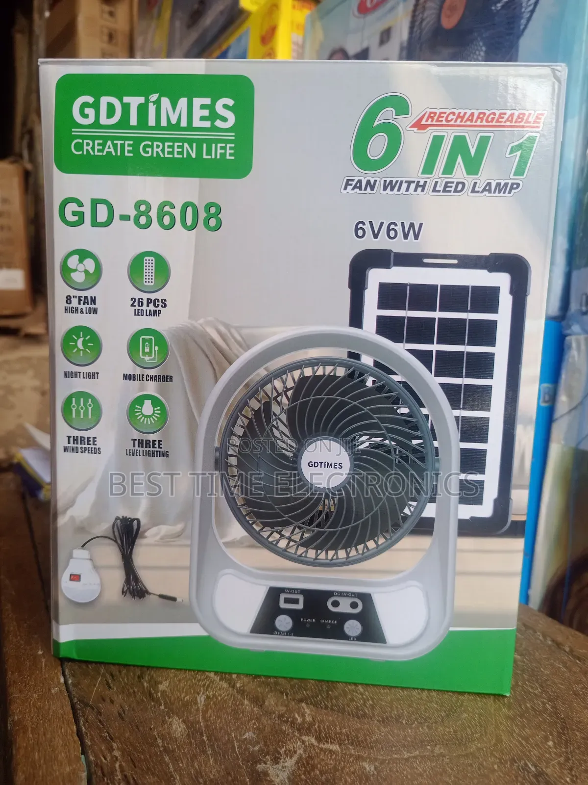 8" Gdtimes 6in1 Solar Rechargeable Table Fan