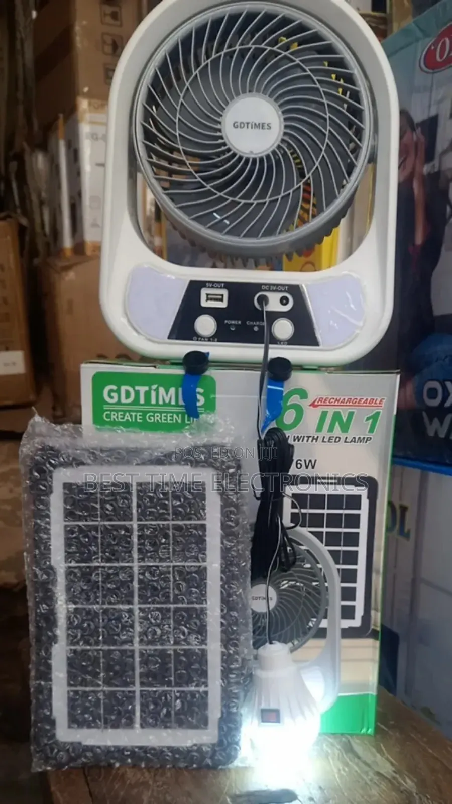 8" Gdtimes 6in1 Solar Rechargeable Table Fan