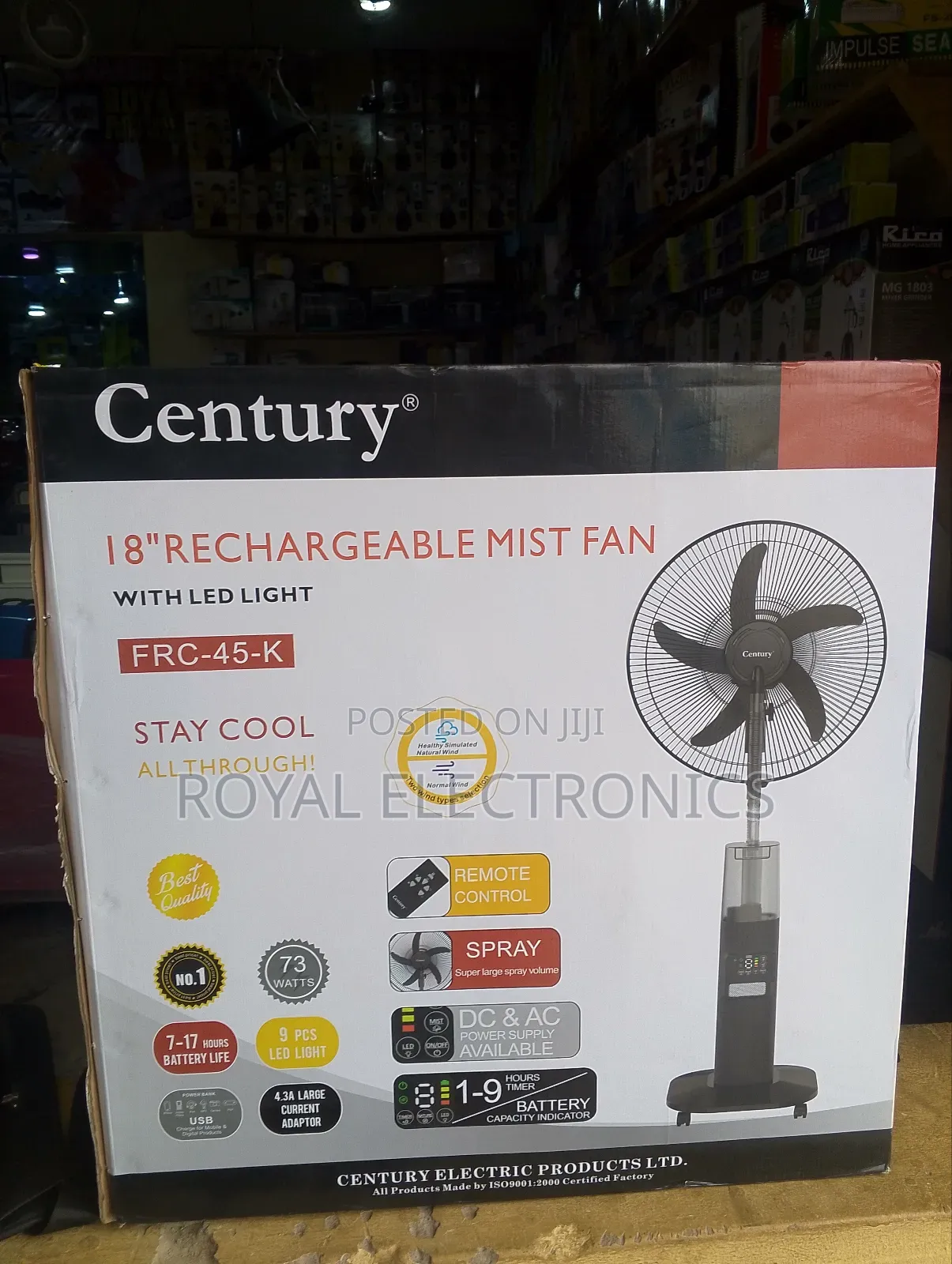 Brand New Century 18" Inches Rechargeable Mist Fan With Led Light