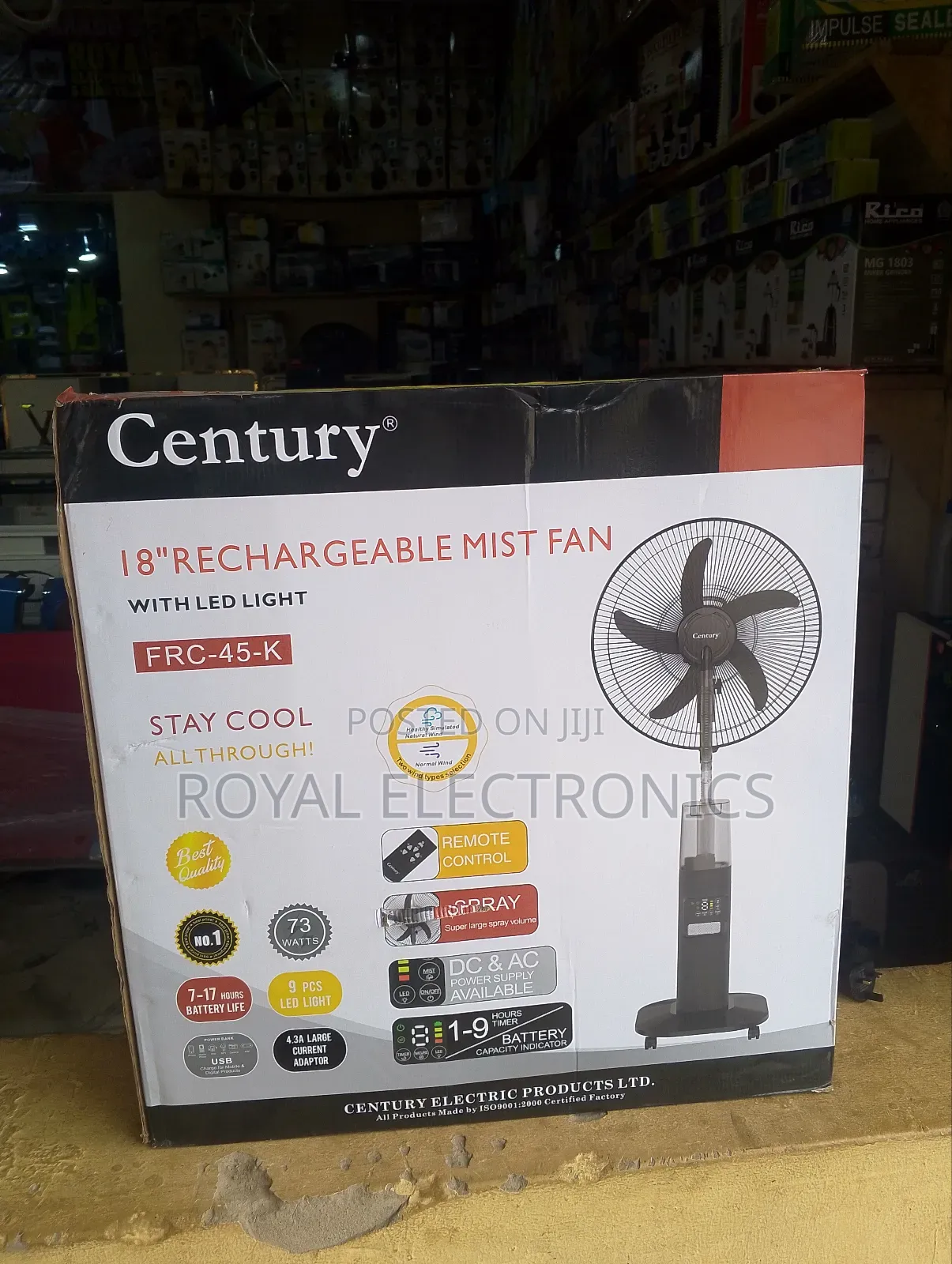 Brand New Century 18" Inches Rechargeable Mist Fan With Led Light