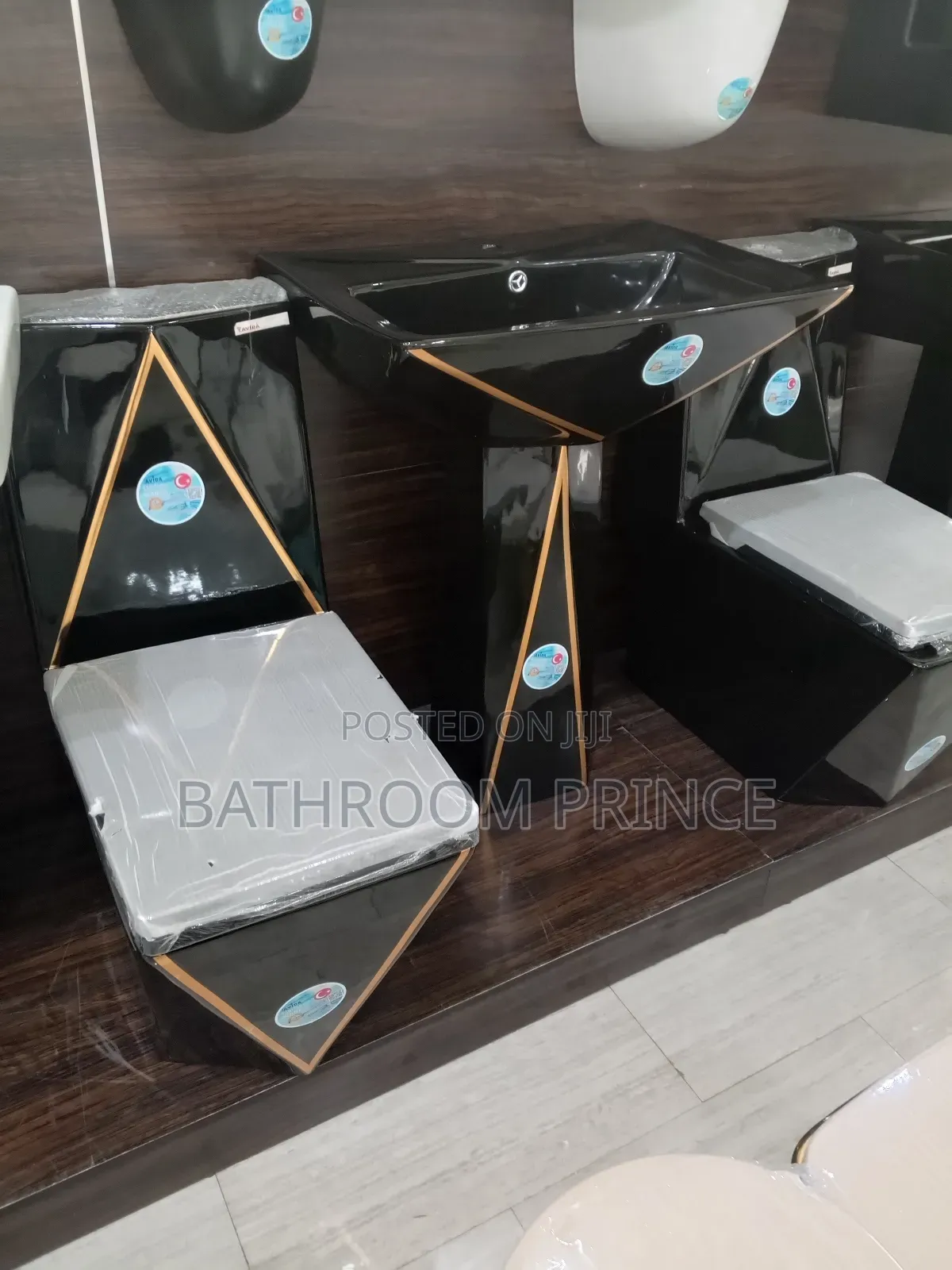 Black and Triangle Gold Design Water Closet