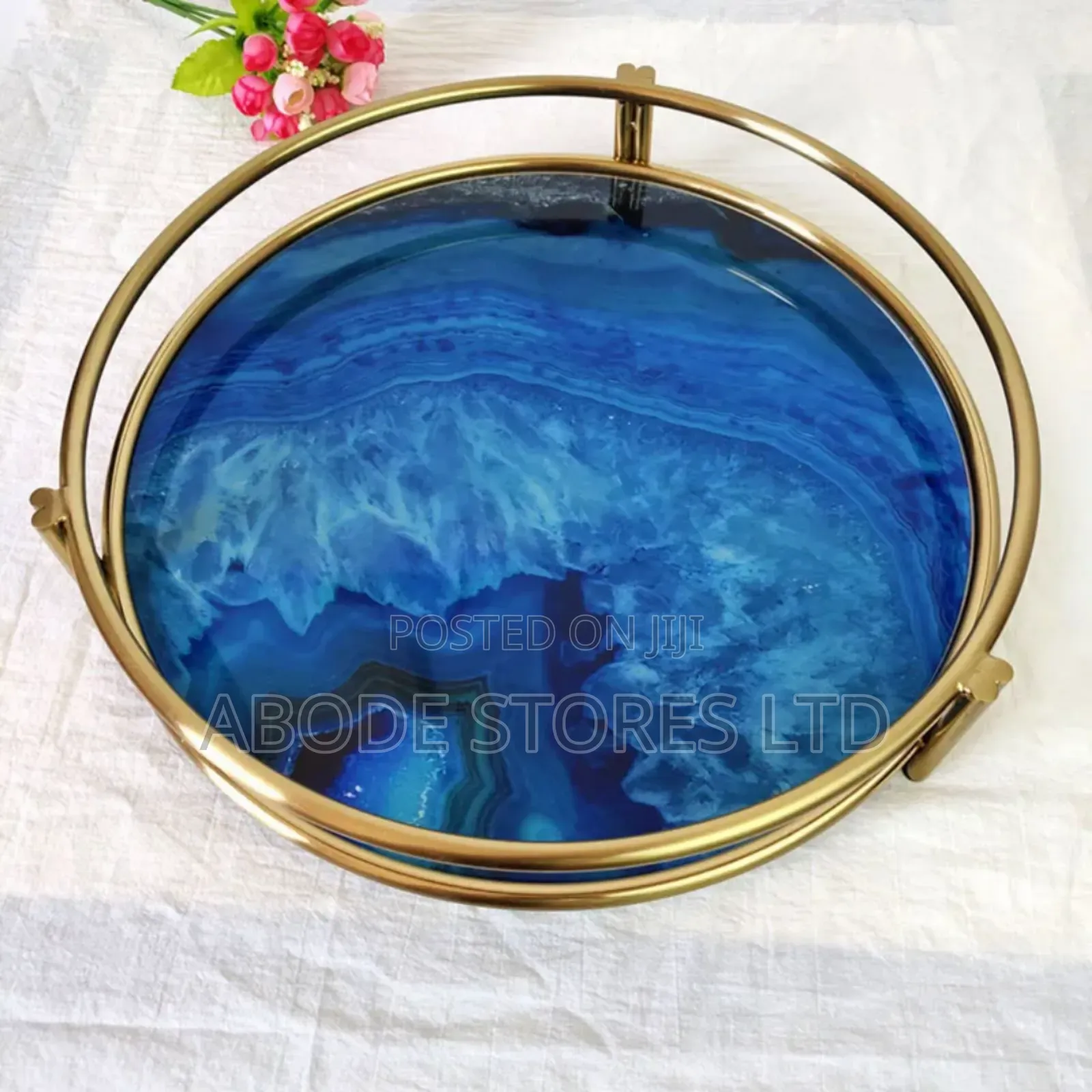 Blue Glass Agate Pattern Round Decorative Vanity Tray