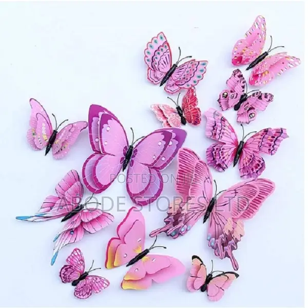 12pcs Vinyl 3d Butterfly Peel and Stick Wall Sticker Pink