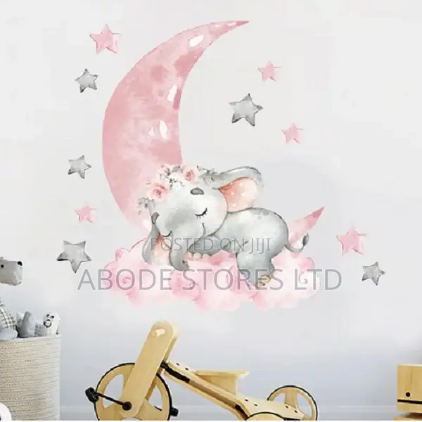 Moon Sleeping Elephant With Garland Wall Sticker - 30*90cm - Pink
